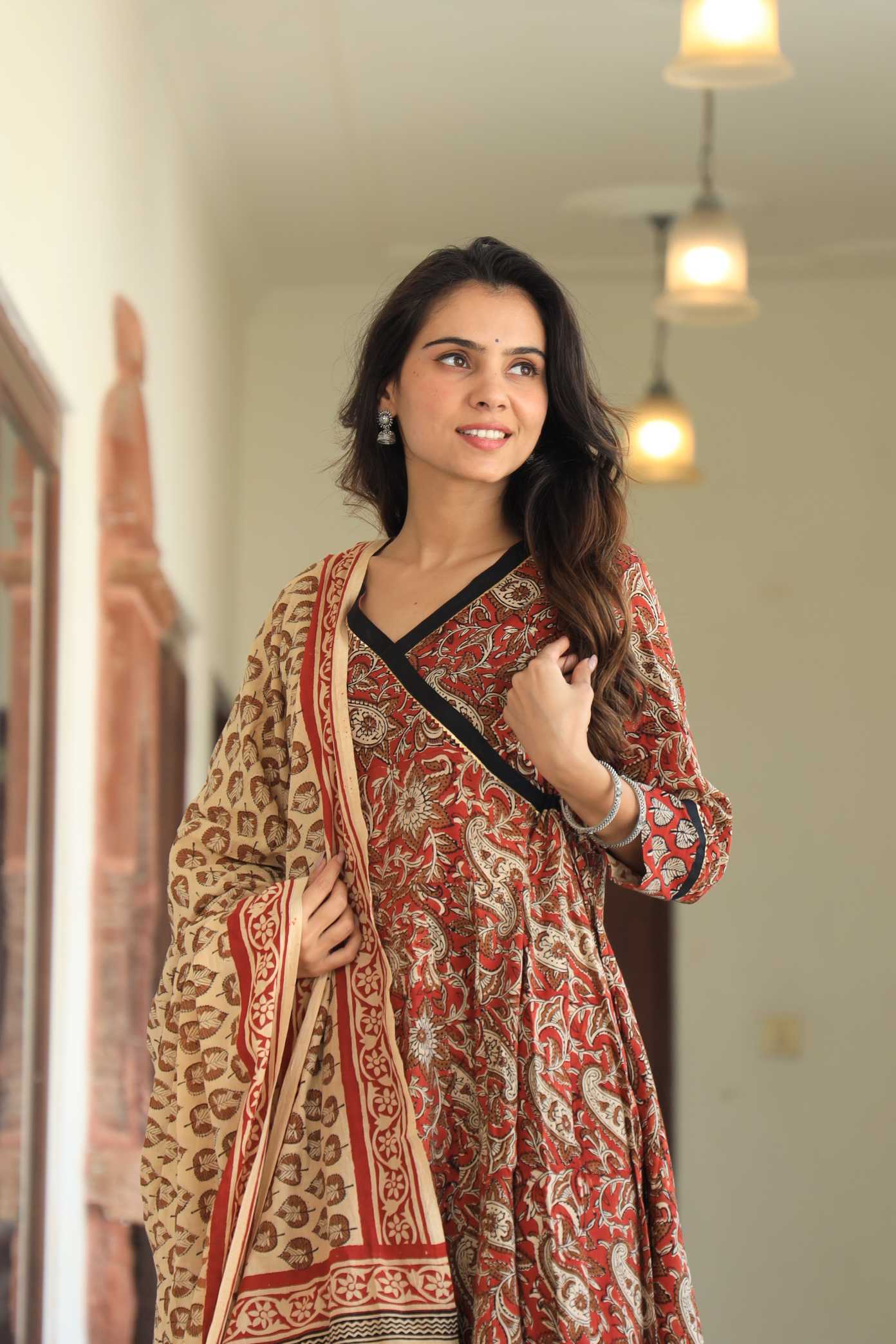 Rust & Earthy Beige Floral Handblock Printed Wrap Anarkali Suit