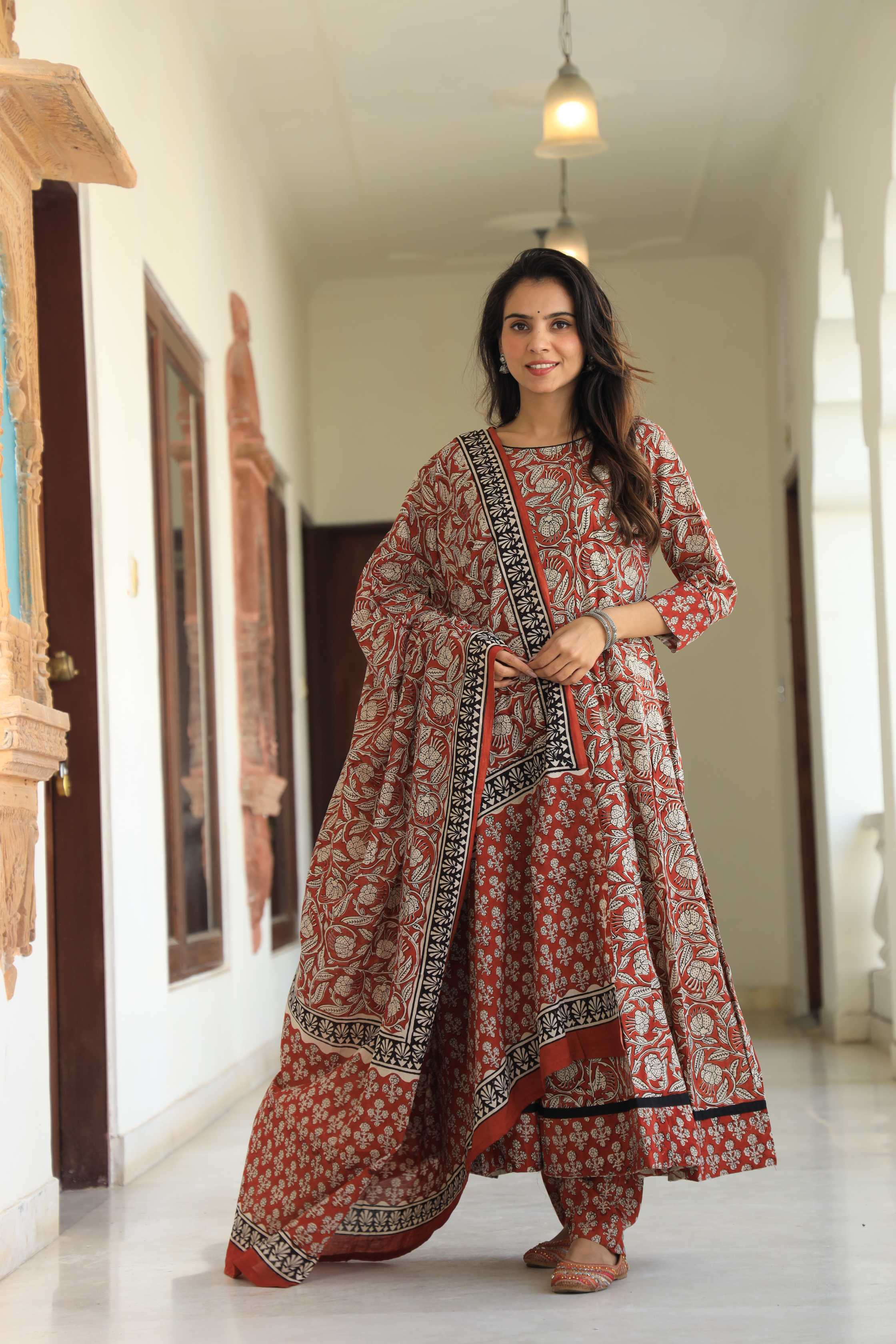 Brick Red & Cream Floral Handblock Printed Cotton Anarkali Suit