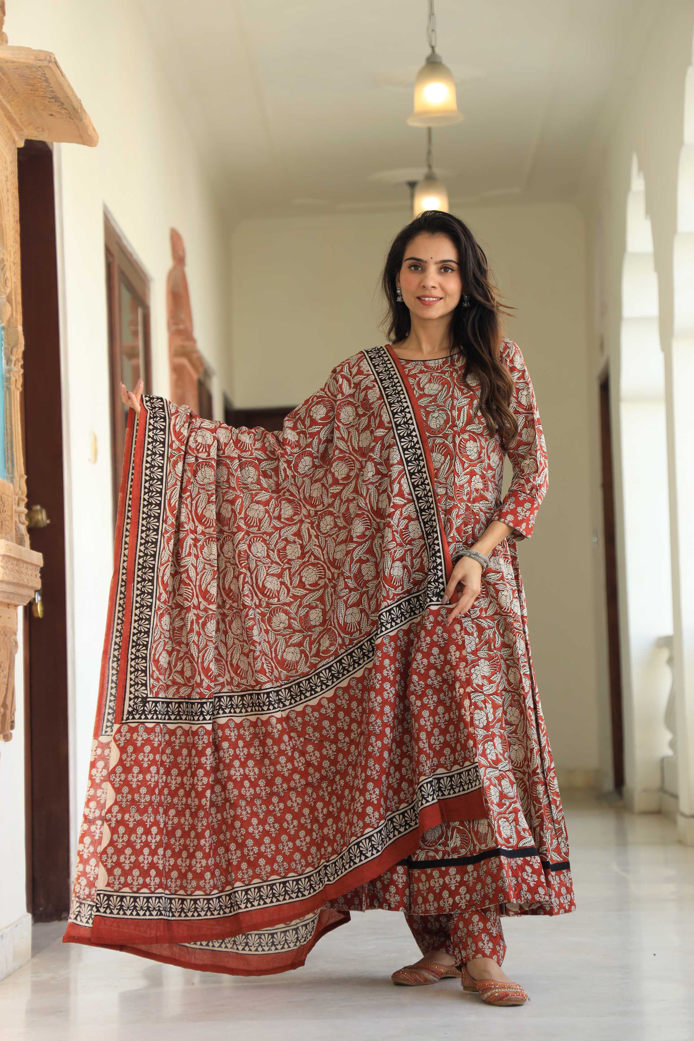 Brick Red & Cream Floral Handblock Printed Cotton Anarkali Suit