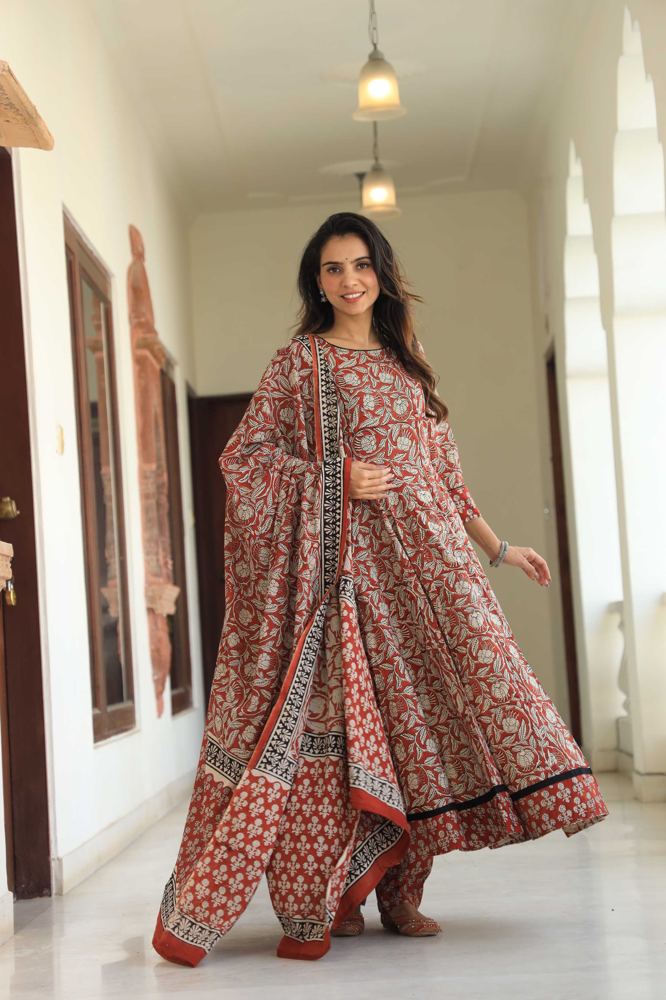 Brick Red & Cream Floral Handblock Printed Cotton Anarkali Suit