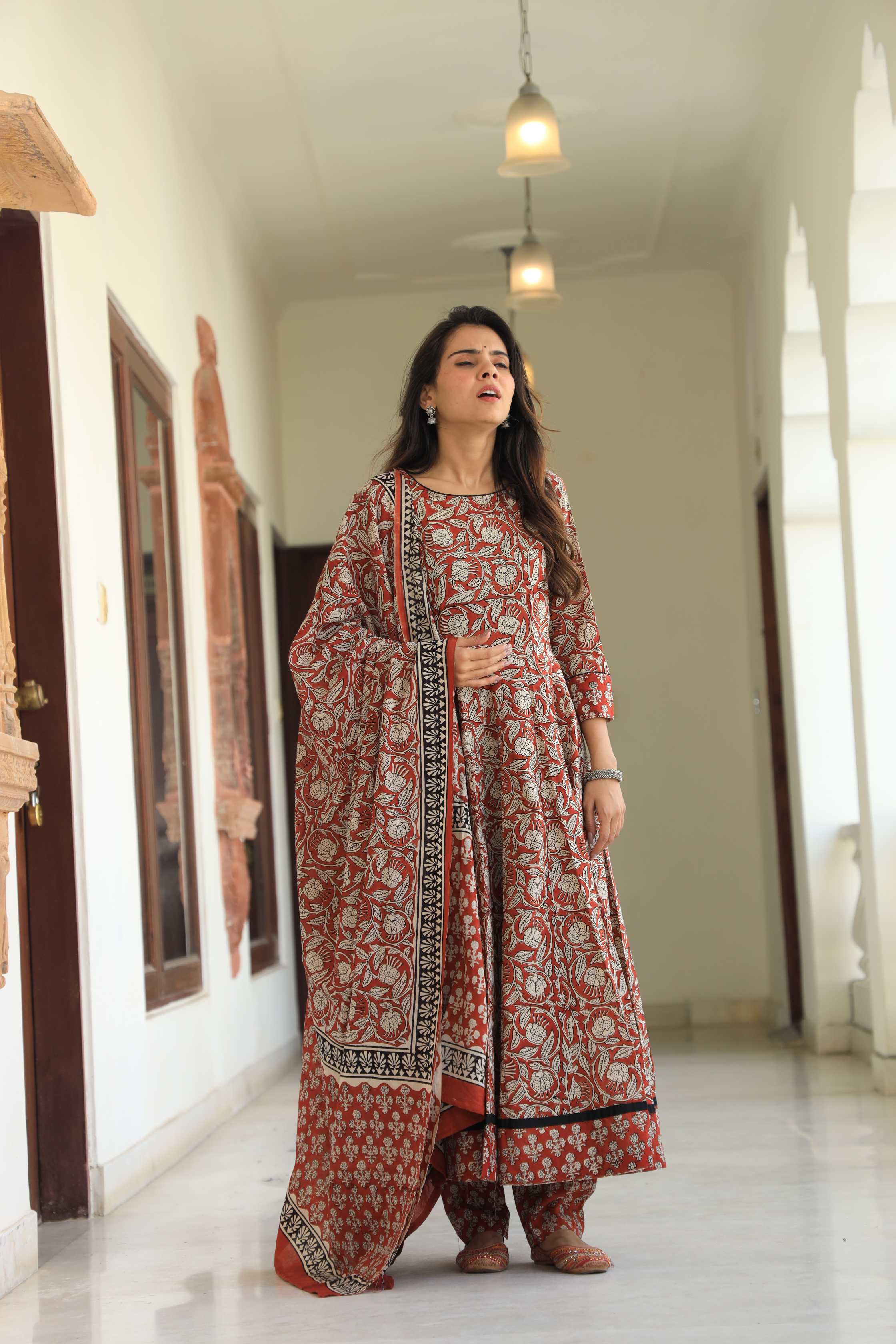 Brick Red & Cream Floral Handblock Printed Cotton Anarkali Suit