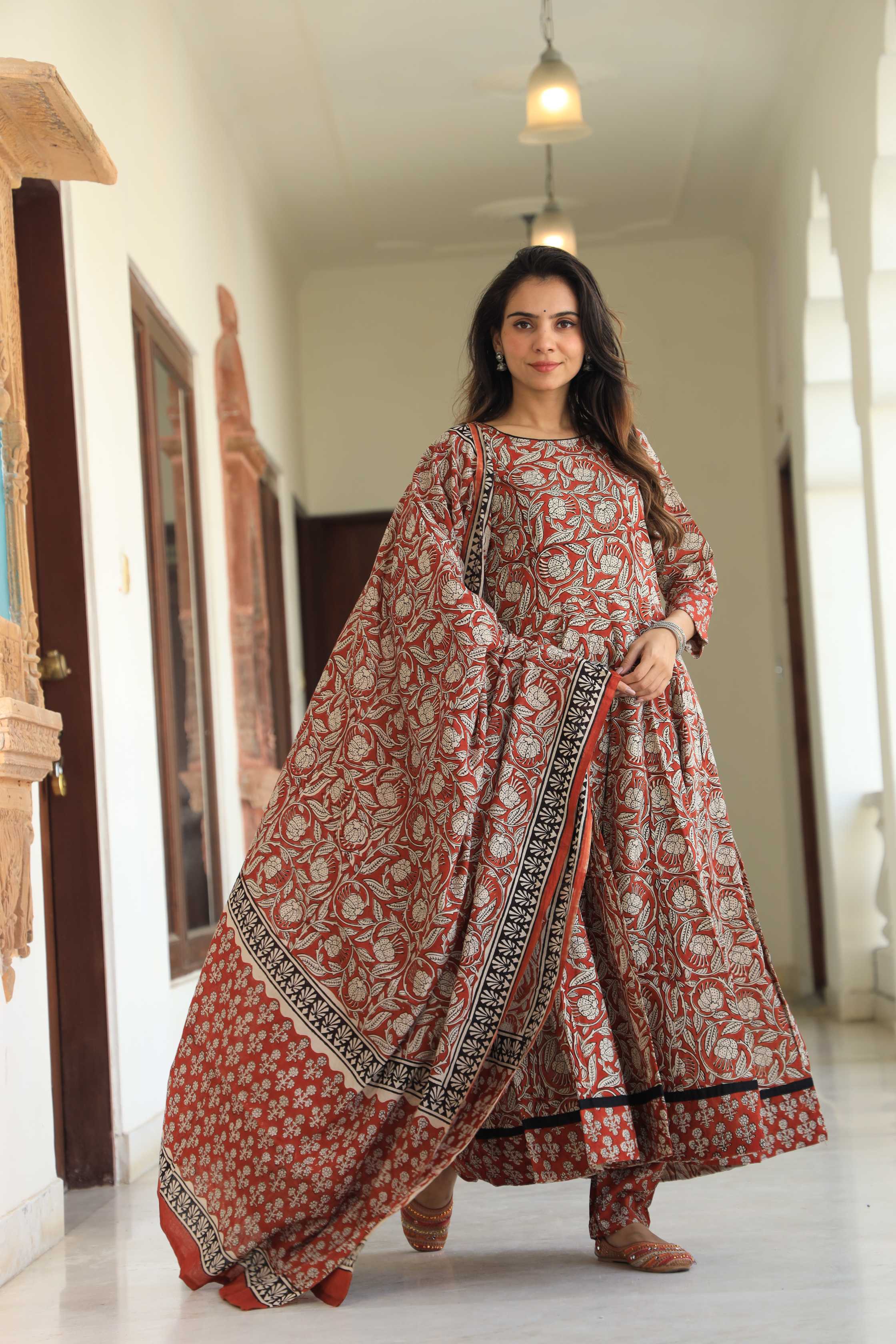 Brick Red & Cream Floral Handblock Printed Cotton Anarkali Suit