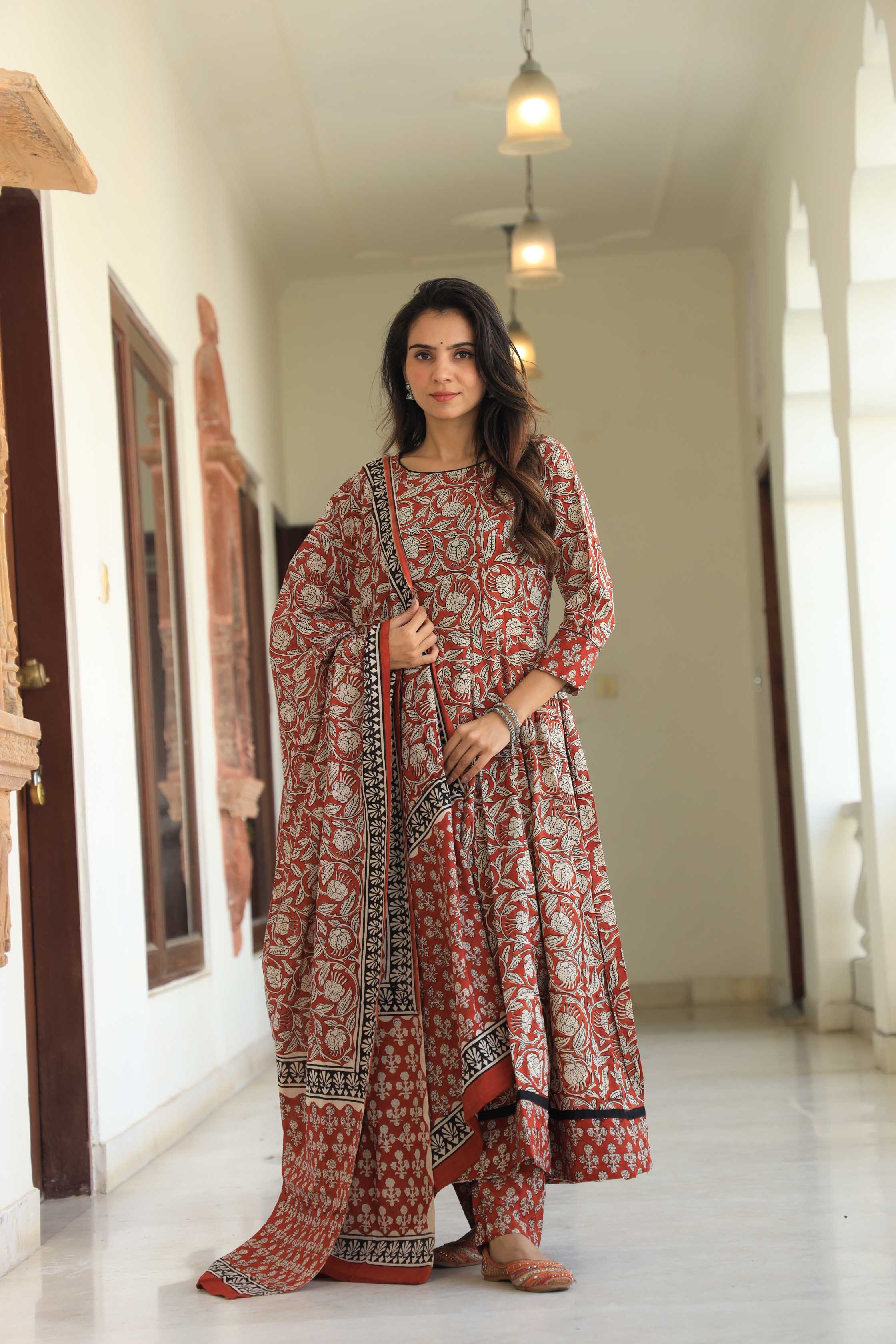 Brick Red & Cream Floral Handblock Printed Cotton Anarkali Suit