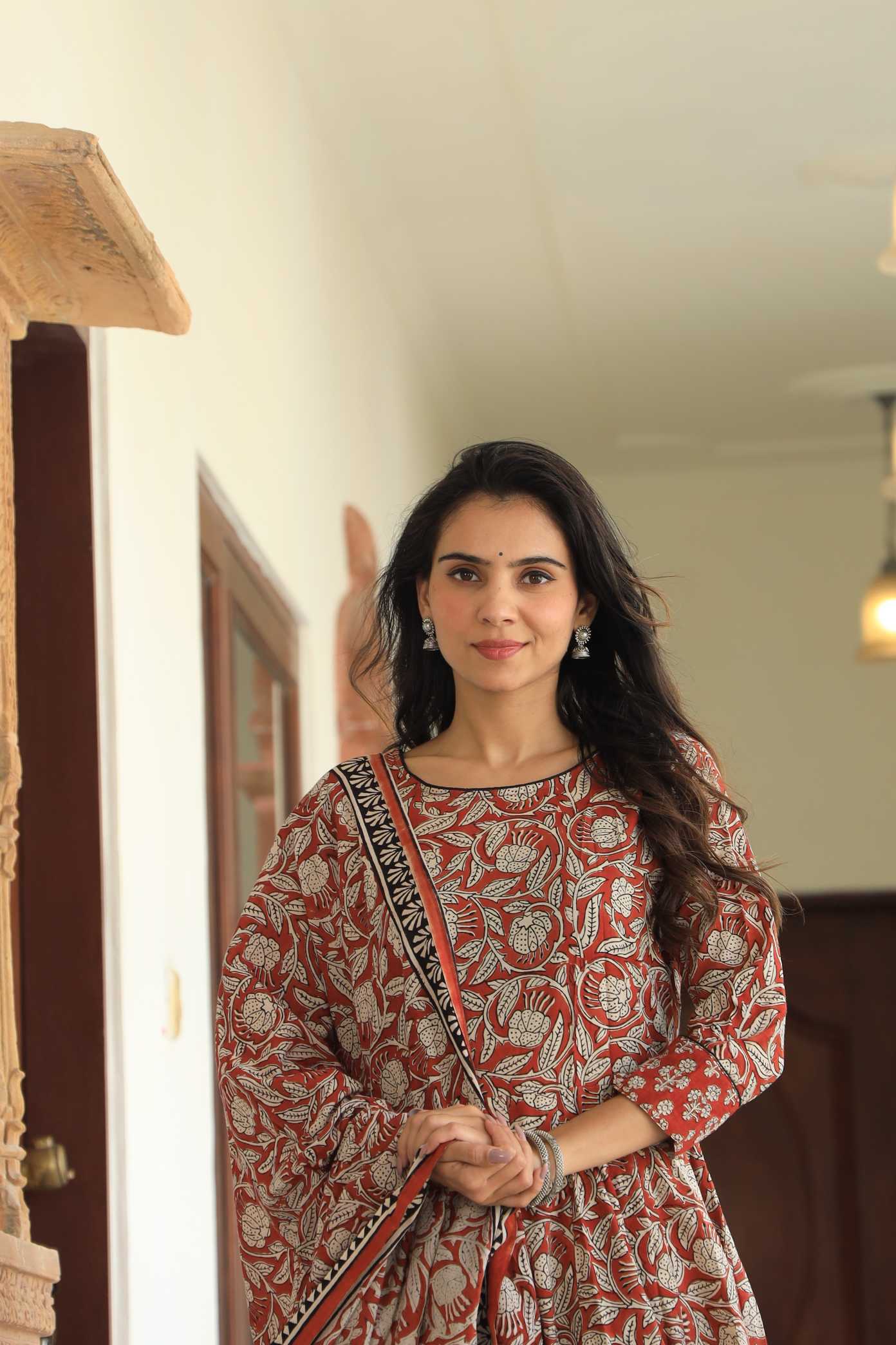 Brick Red & Cream Floral Handblock Printed Cotton Anarkali Suit