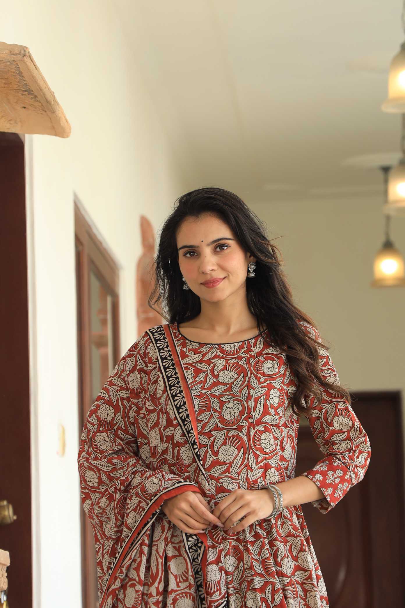 Brick Red & Cream Floral Handblock Printed Cotton Anarkali Suit