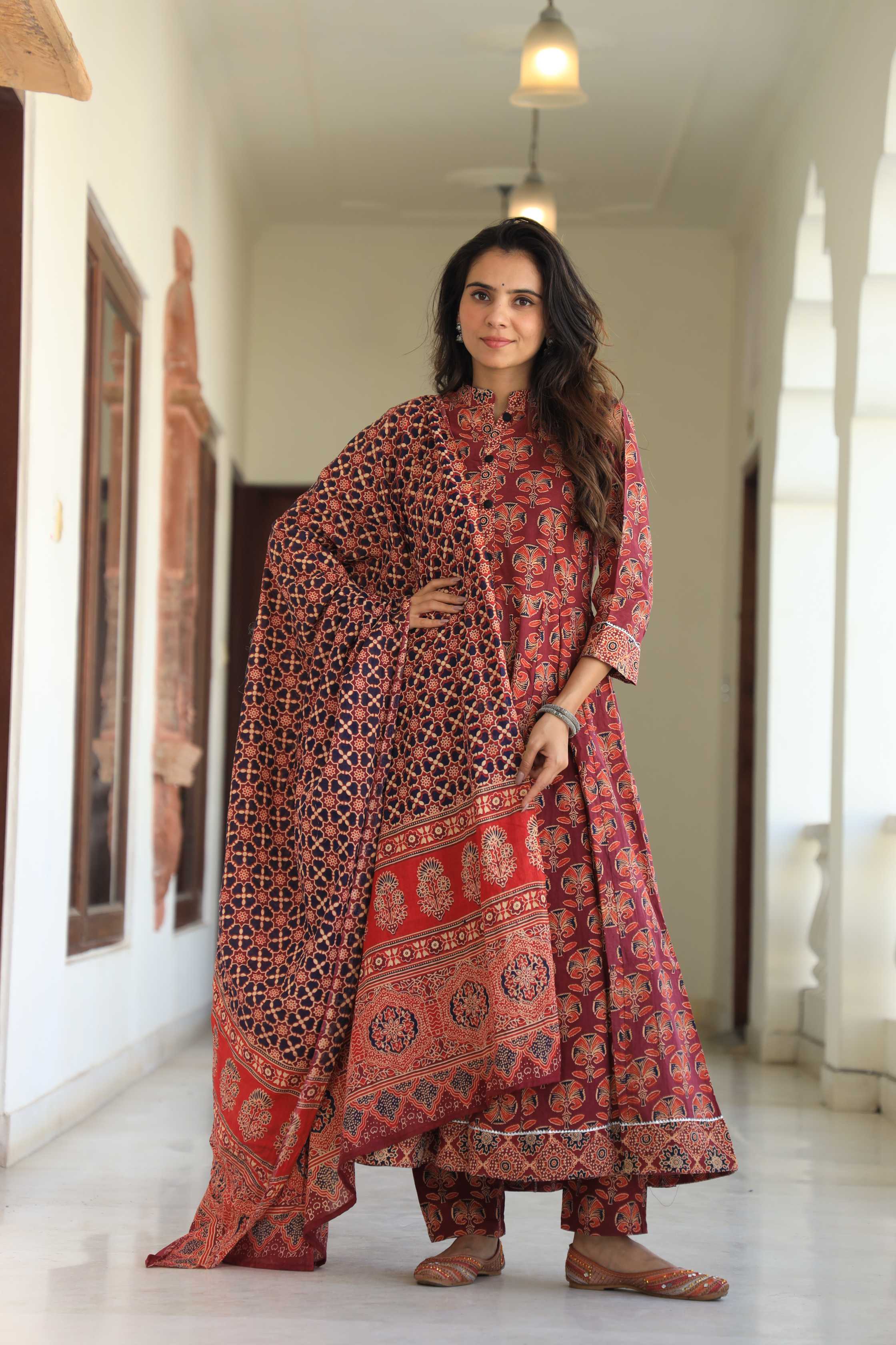 Brick Red & Black Floral Handblock Printed Cotton Anarkali Suit