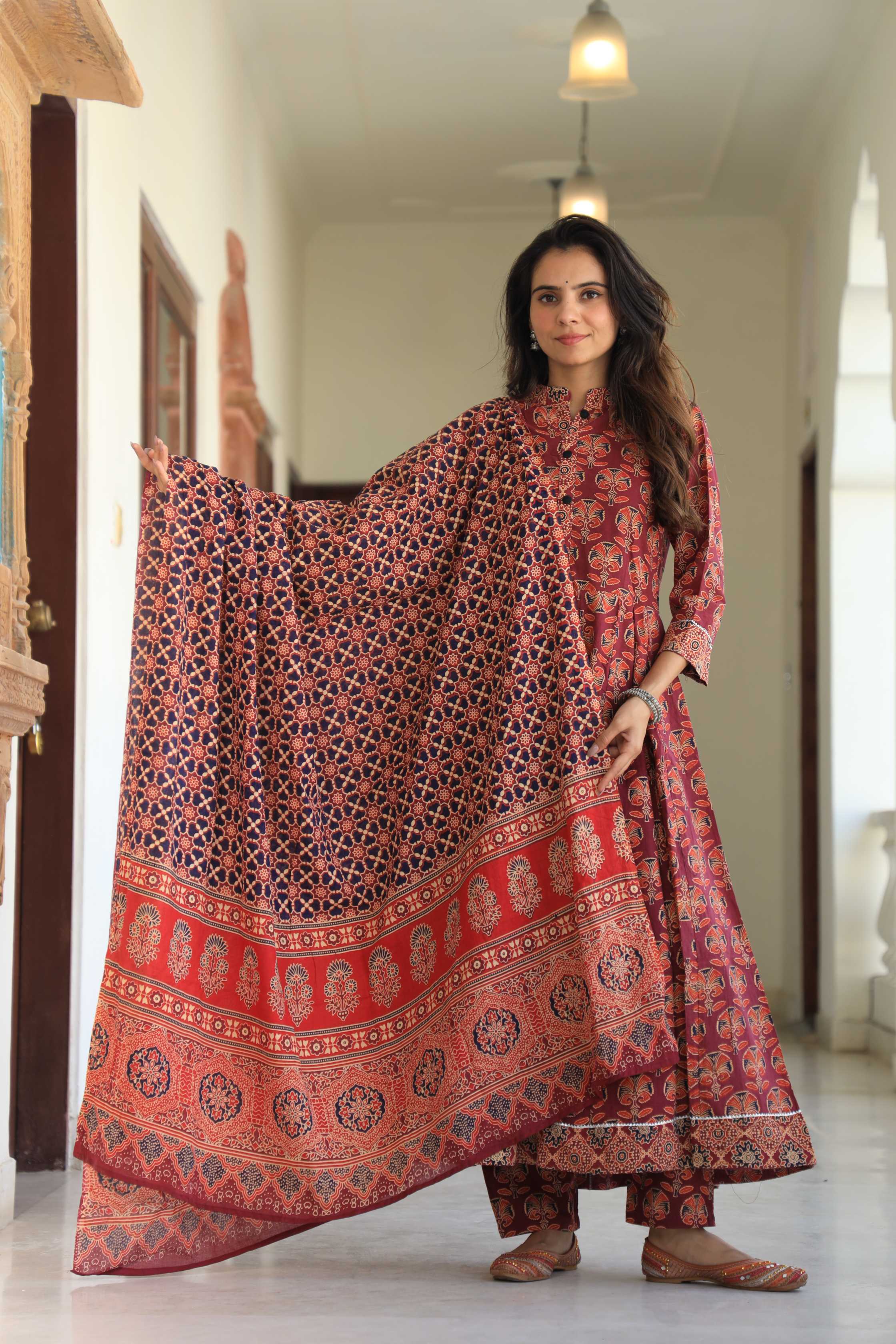Brick Red & Black Floral Handblock Printed Cotton Anarkali Suit