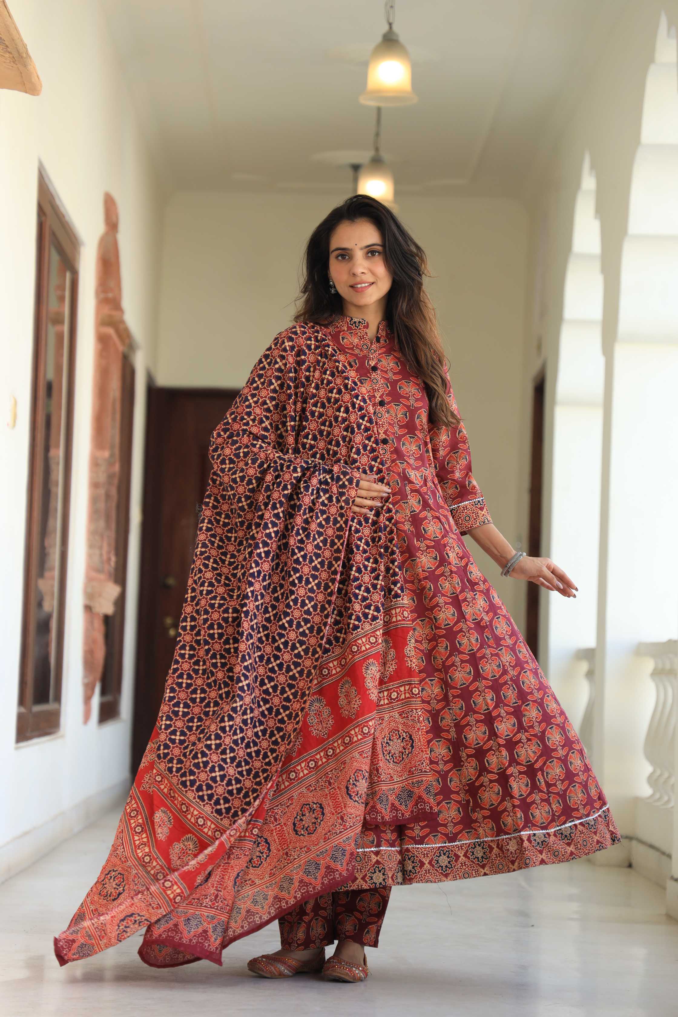 Brick Red & Black Floral Handblock Printed Cotton Anarkali Suit
