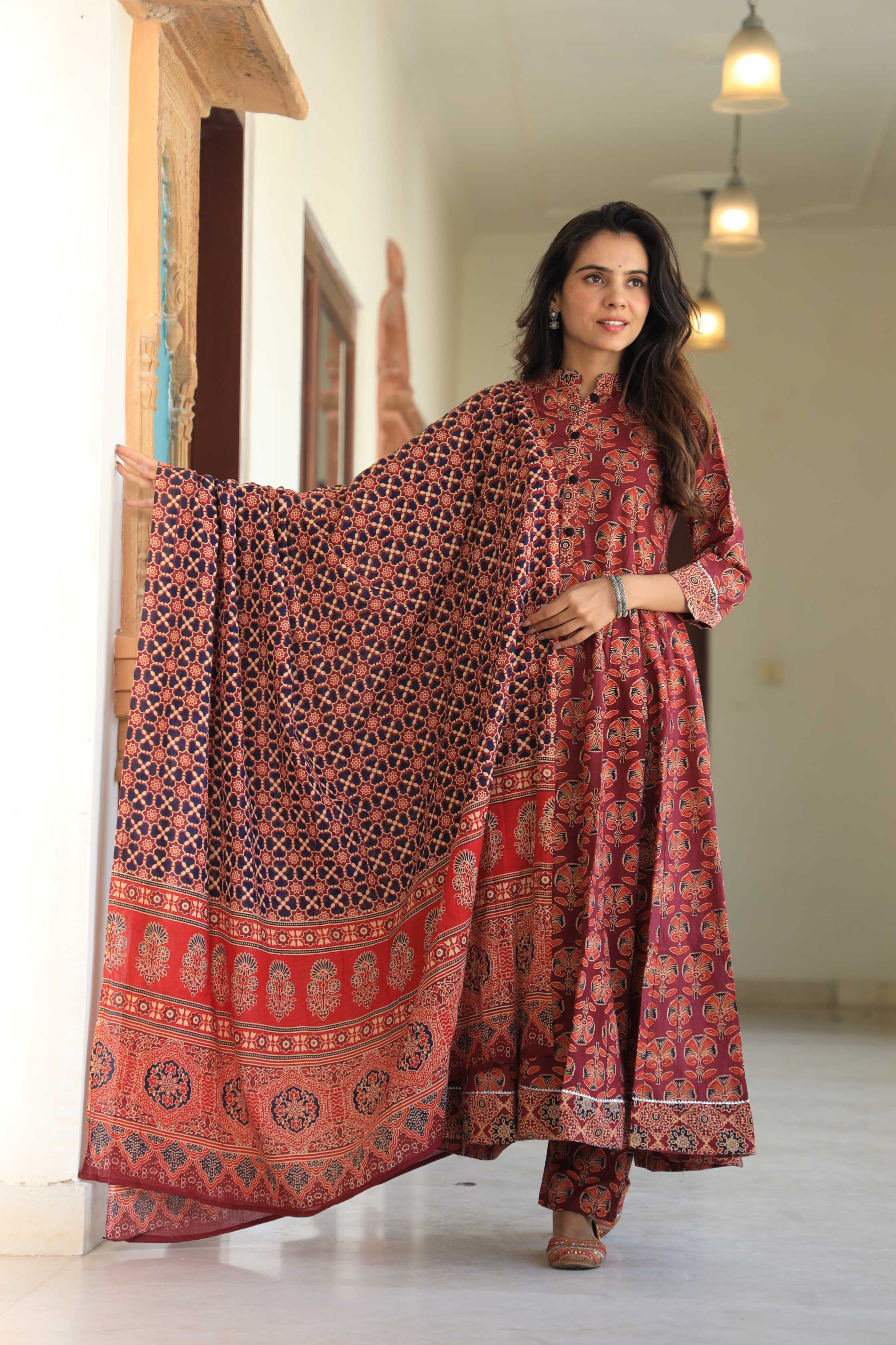 Brick Red & Black Floral Handblock Printed Cotton Anarkali Suit