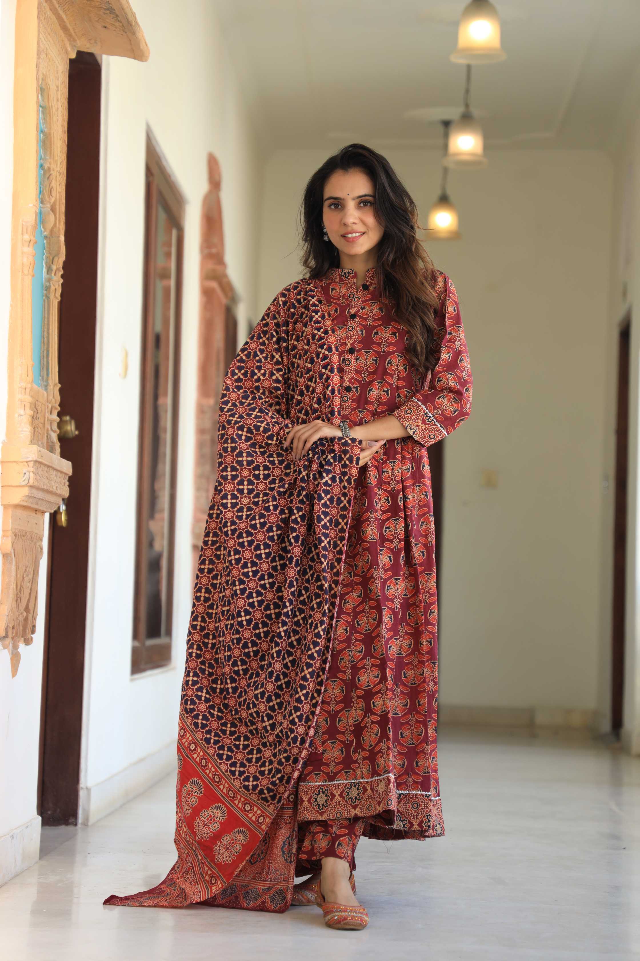 Brick Red & Black Floral Handblock Printed Cotton Anarkali Suit