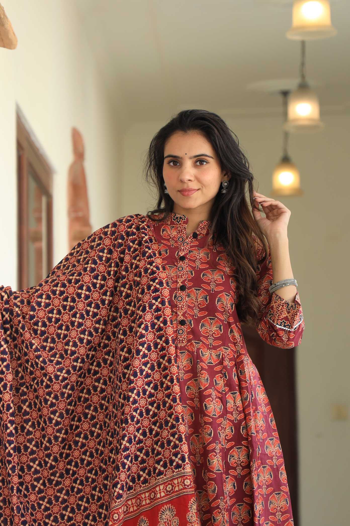 Brick Red & Black Floral Handblock Printed Cotton Anarkali Suit