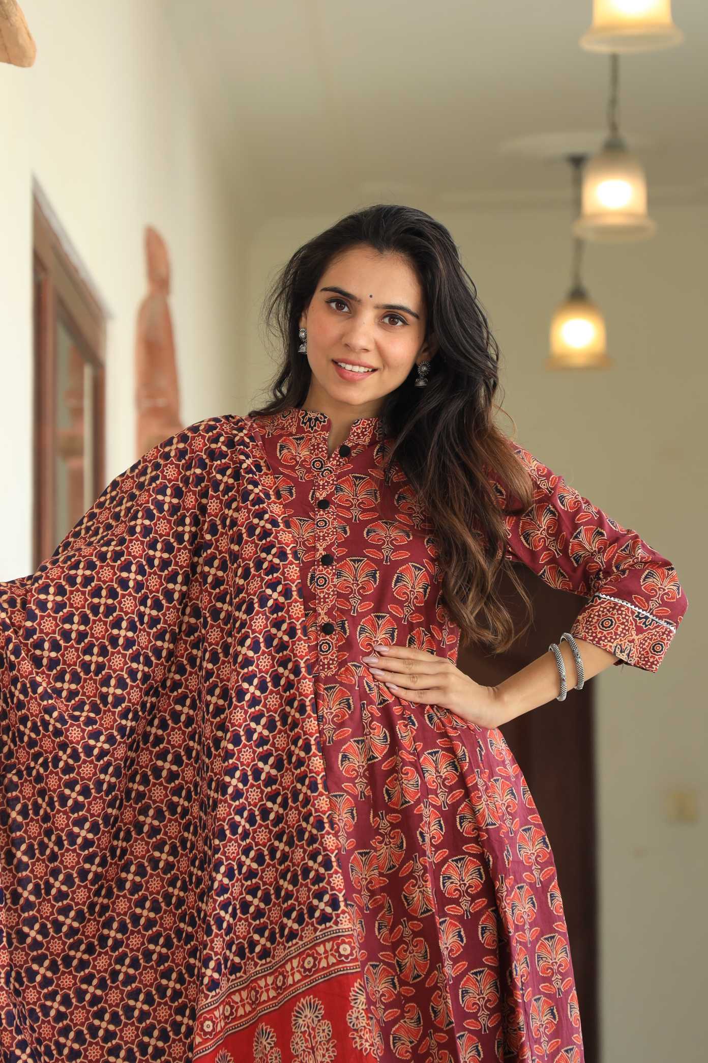 Brick Red & Black Floral Handblock Printed Cotton Anarkali Suit