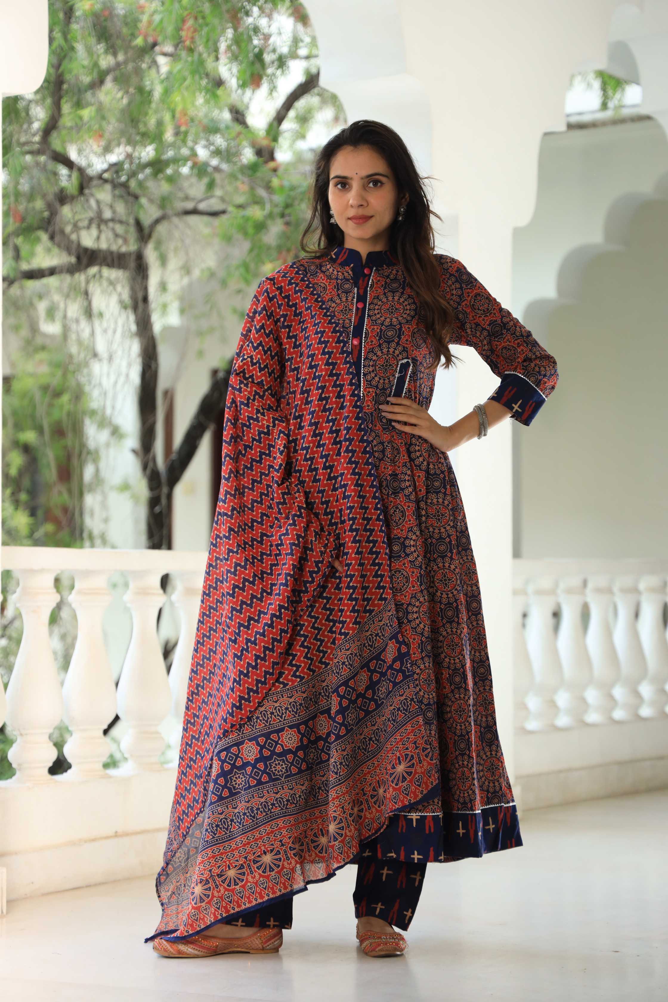 Indigo and Rust Ajrakh Print Pure Cotton Anarkali Suit