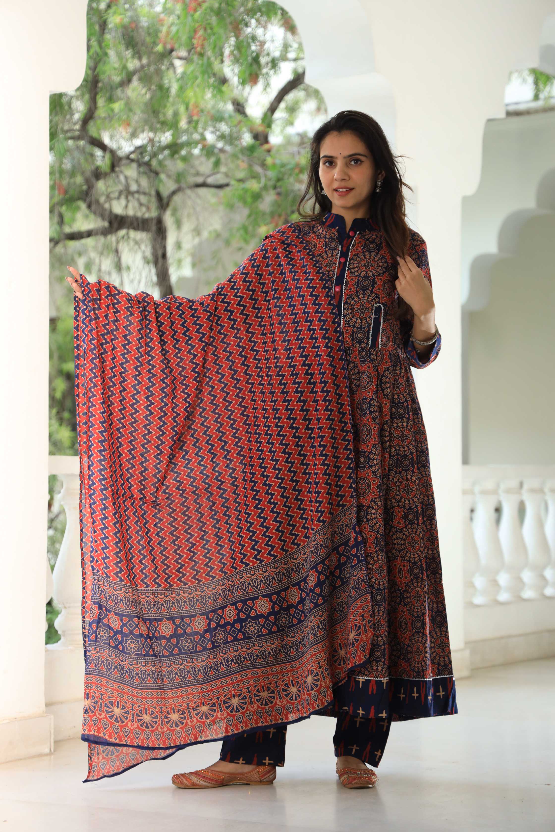 Indigo and Rust Ajrakh Print Pure Cotton Anarkali Suit