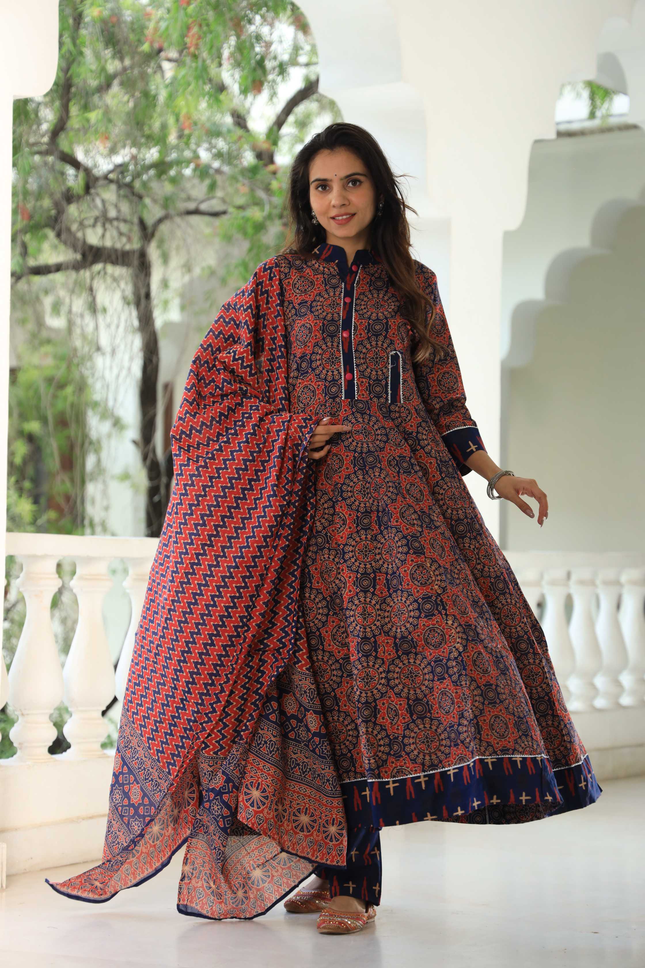 Indigo and Rust Ajrakh Print Pure Cotton Anarkali Suit