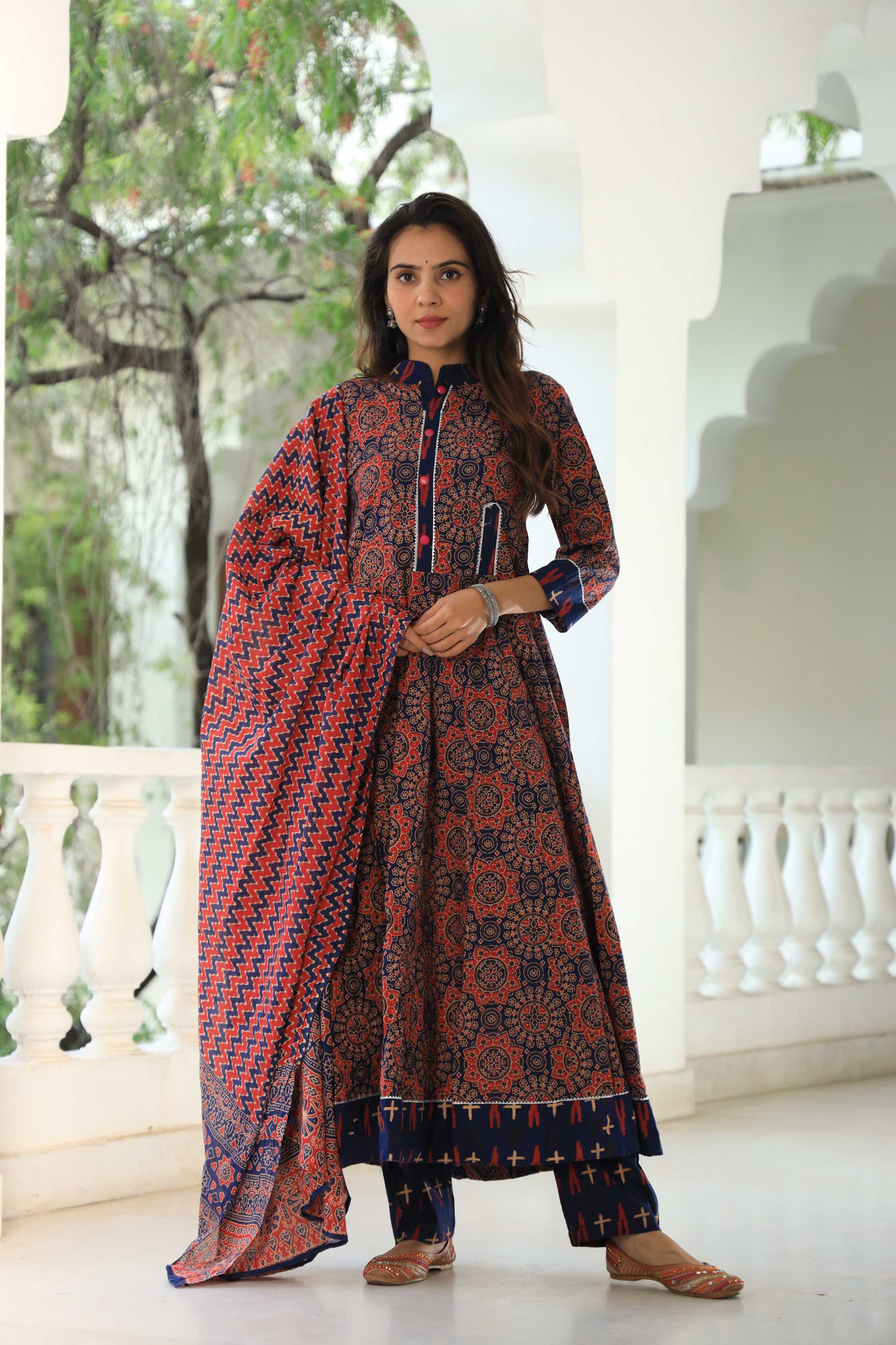 Indigo and Rust Ajrakh Print Pure Cotton Anarkali Suit