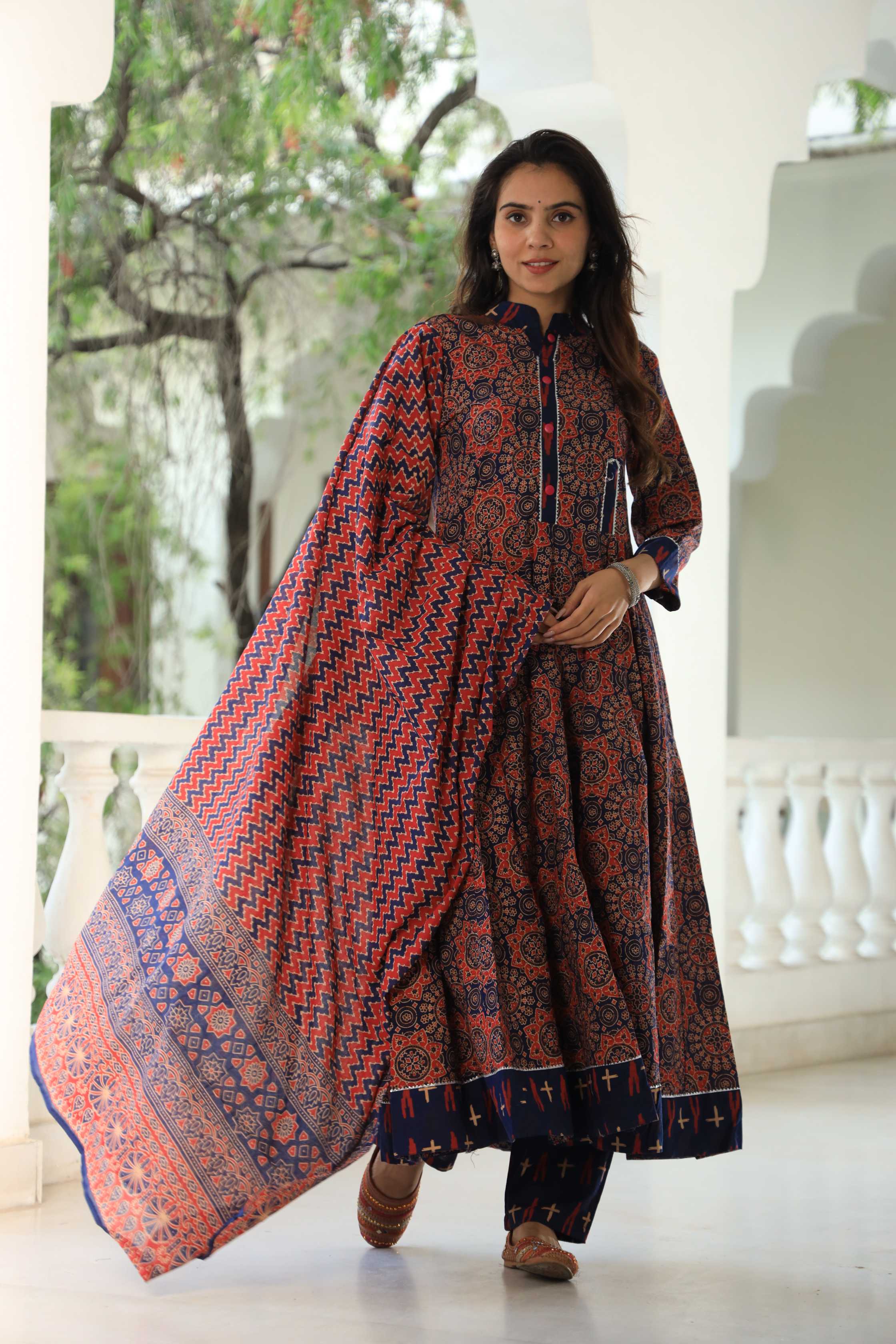 Indigo and Rust Ajrakh Print Pure Cotton Anarkali Suit