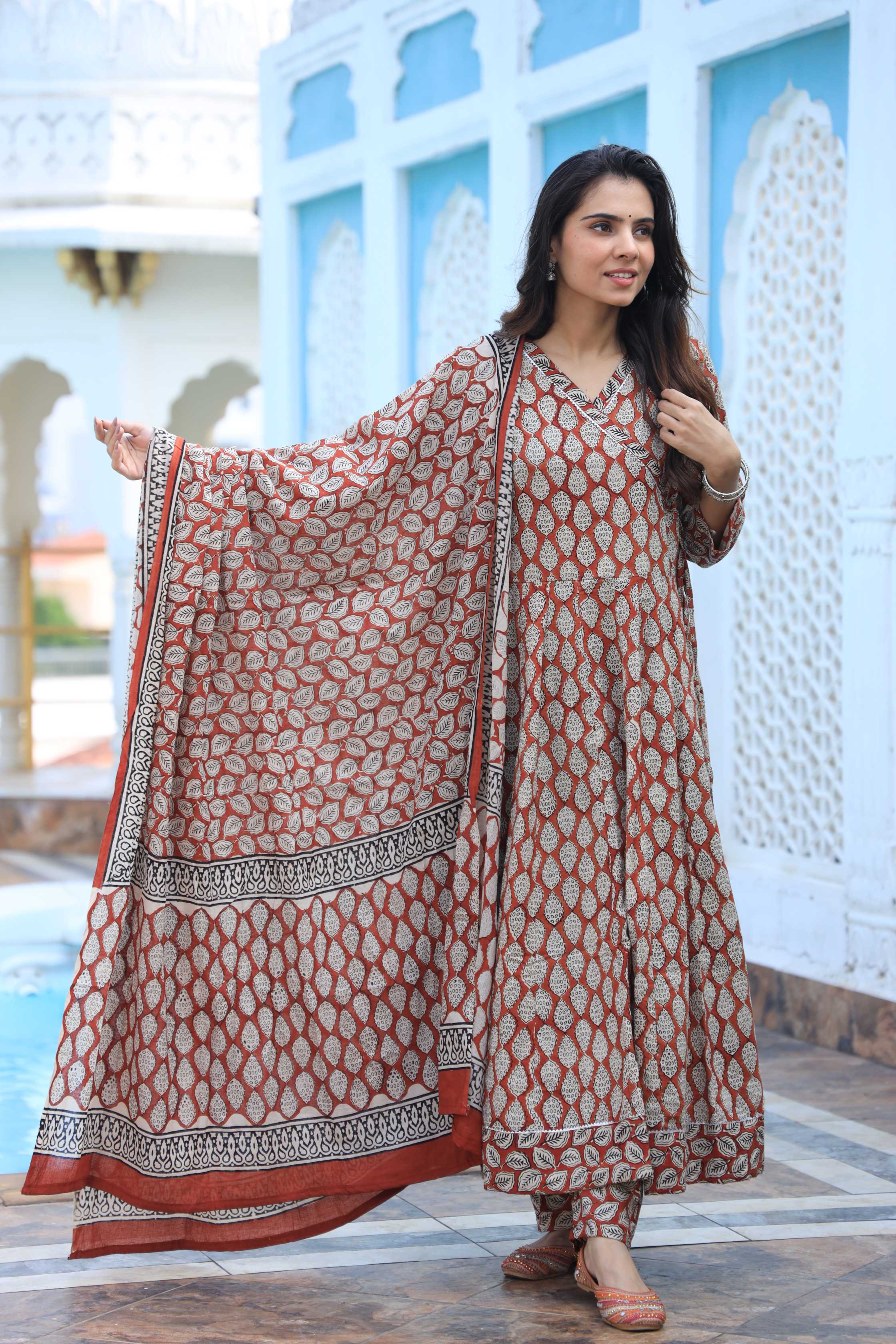 Rust & Beige Leaf Print Cotton Angrakha Style Anarkali Suit