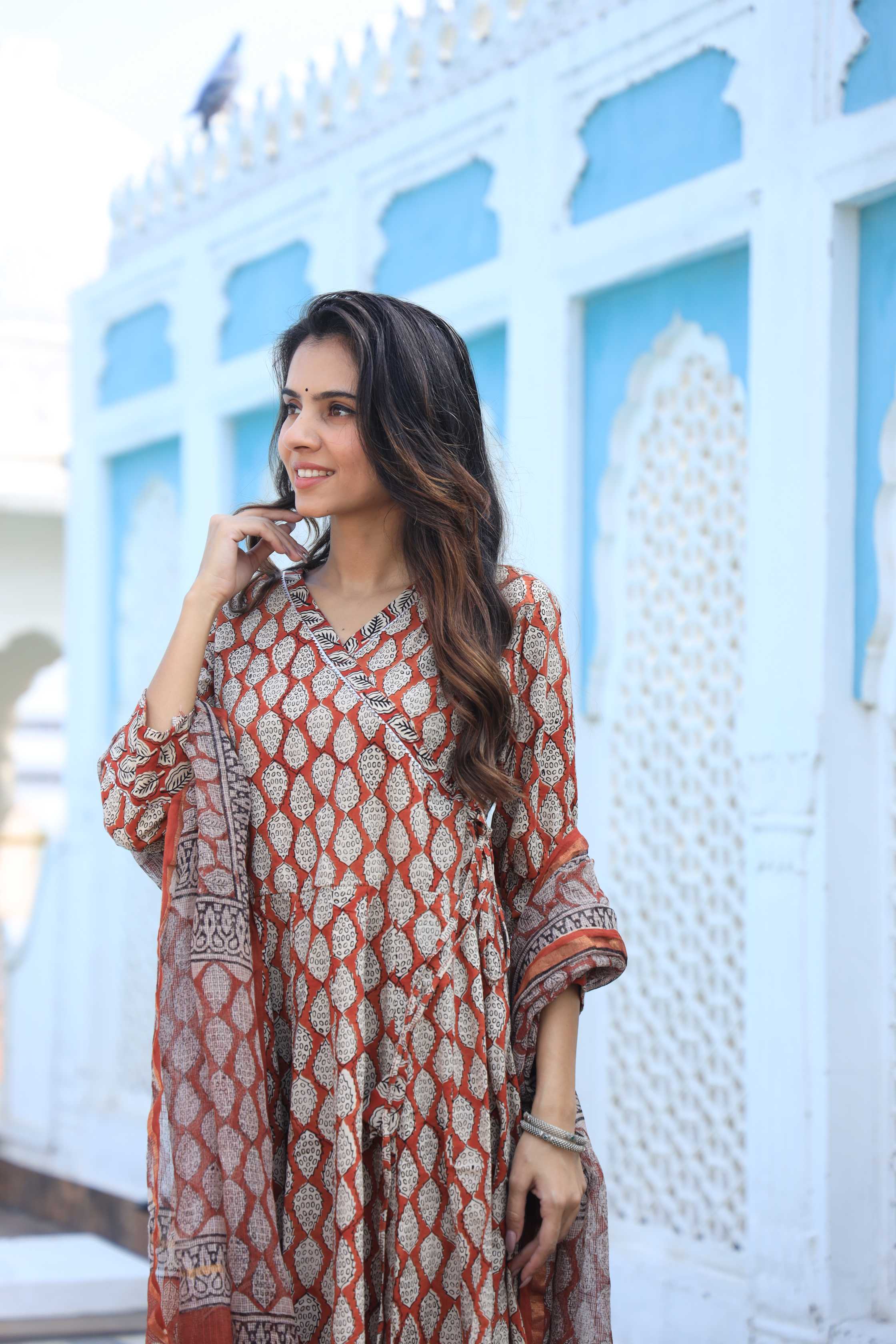 Rust & Beige Leaf Print Cotton Angrakha Style Anarkali Suit