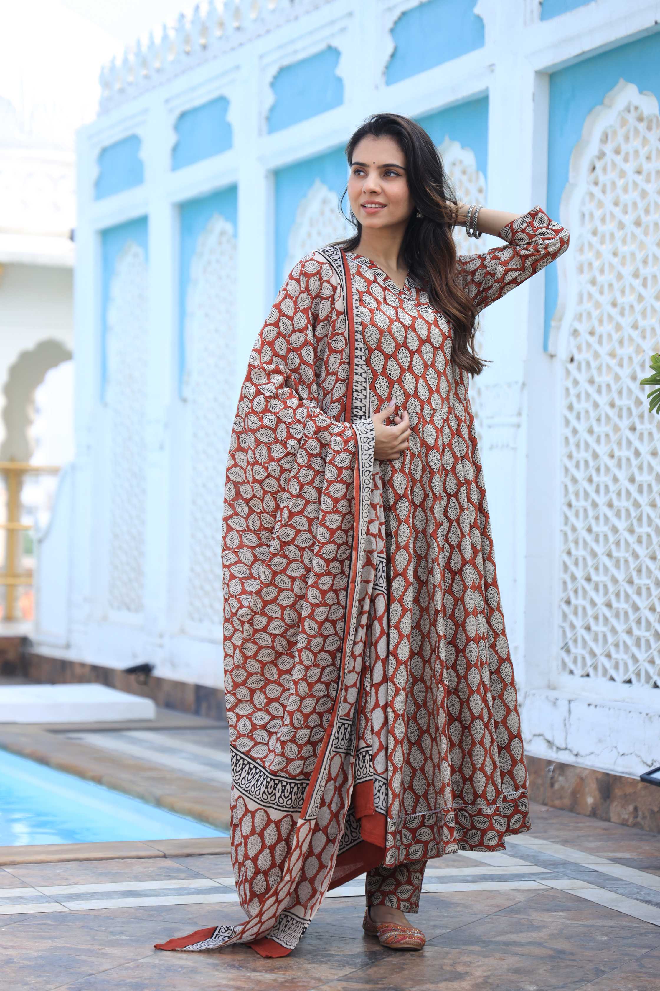 Rust & Beige Leaf Print Cotton Angrakha Style Anarkali Suit