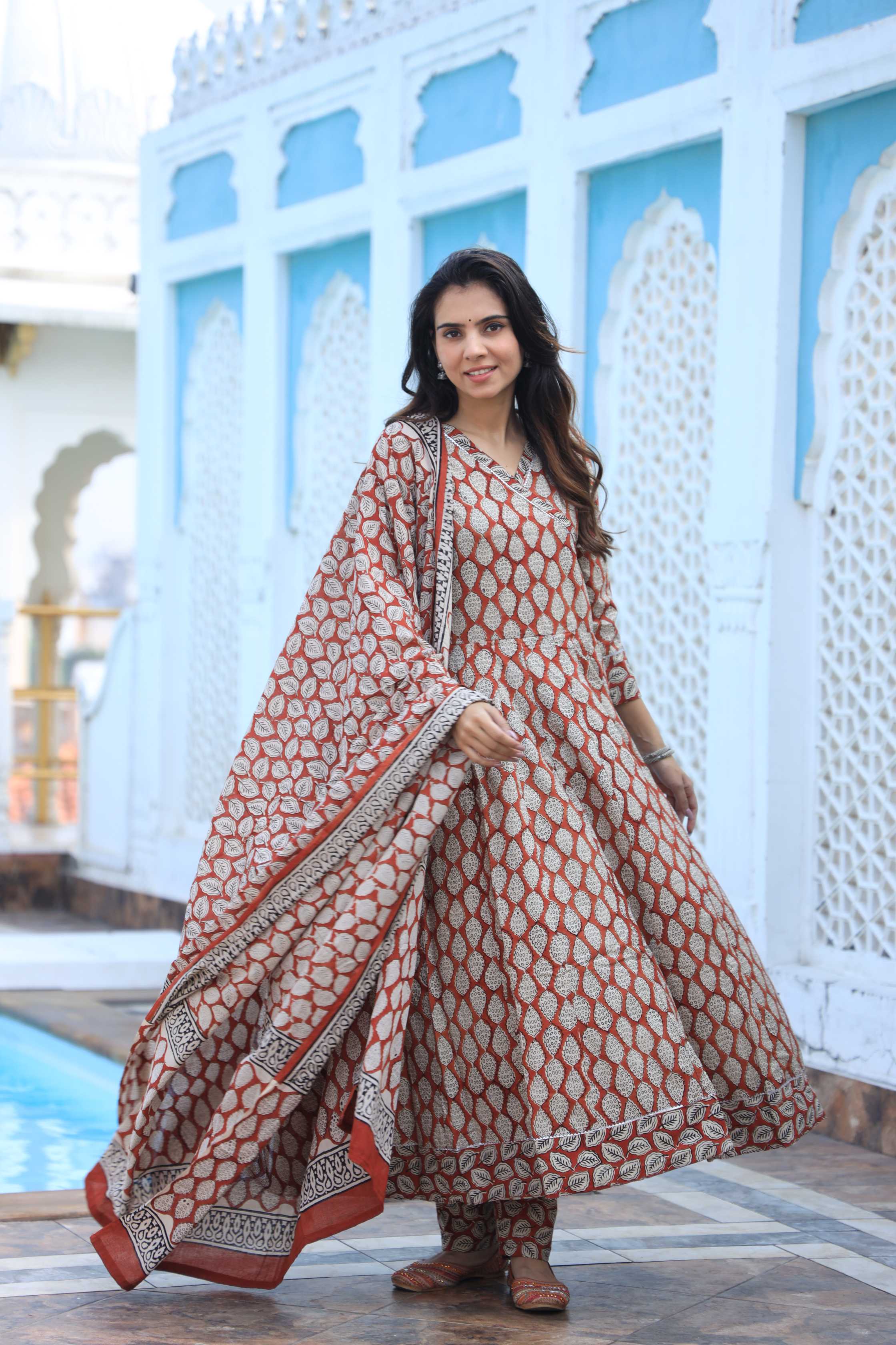 Rust & Beige Leaf Print Cotton Angrakha Style Anarkali Suit