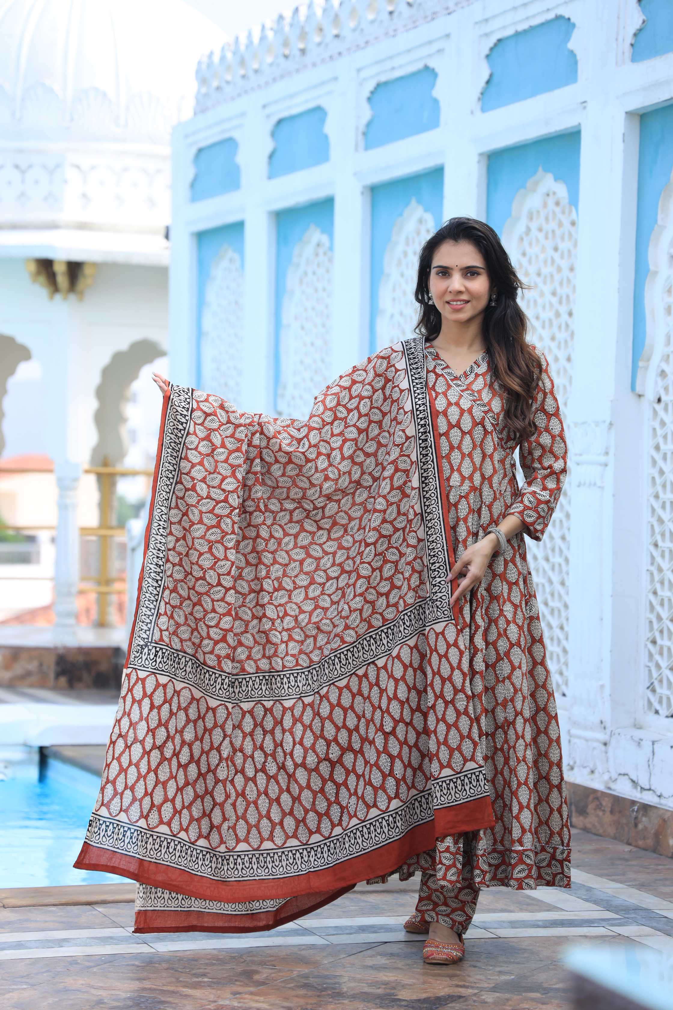 Rust & Beige Leaf Print Cotton Angrakha Style Anarkali Suit