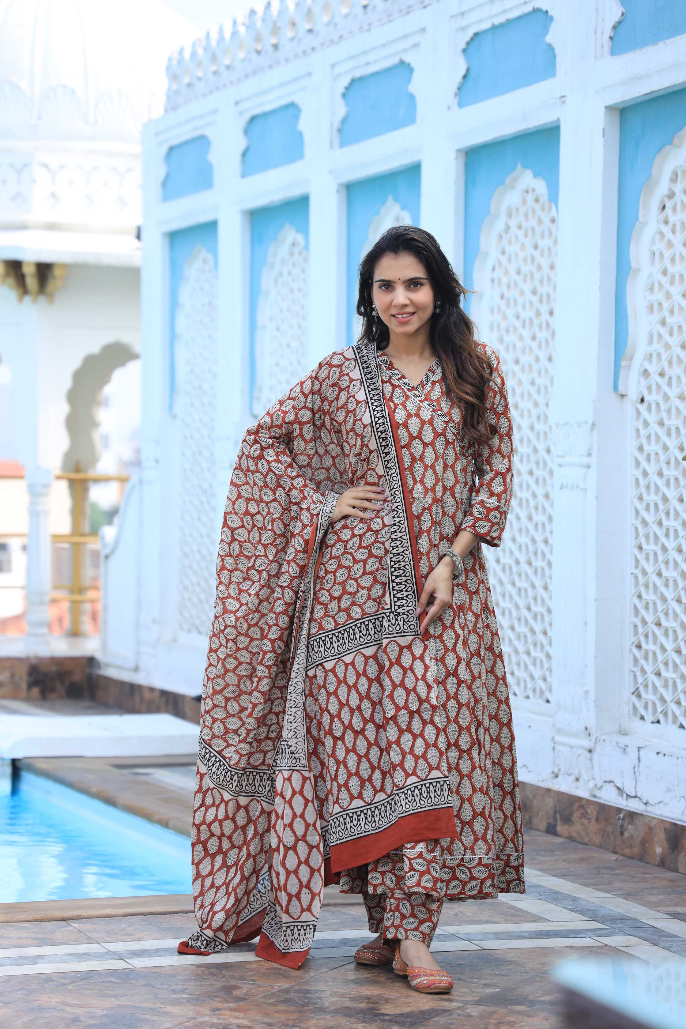 Rust & Beige Leaf Print Cotton Angrakha Style Anarkali Suit