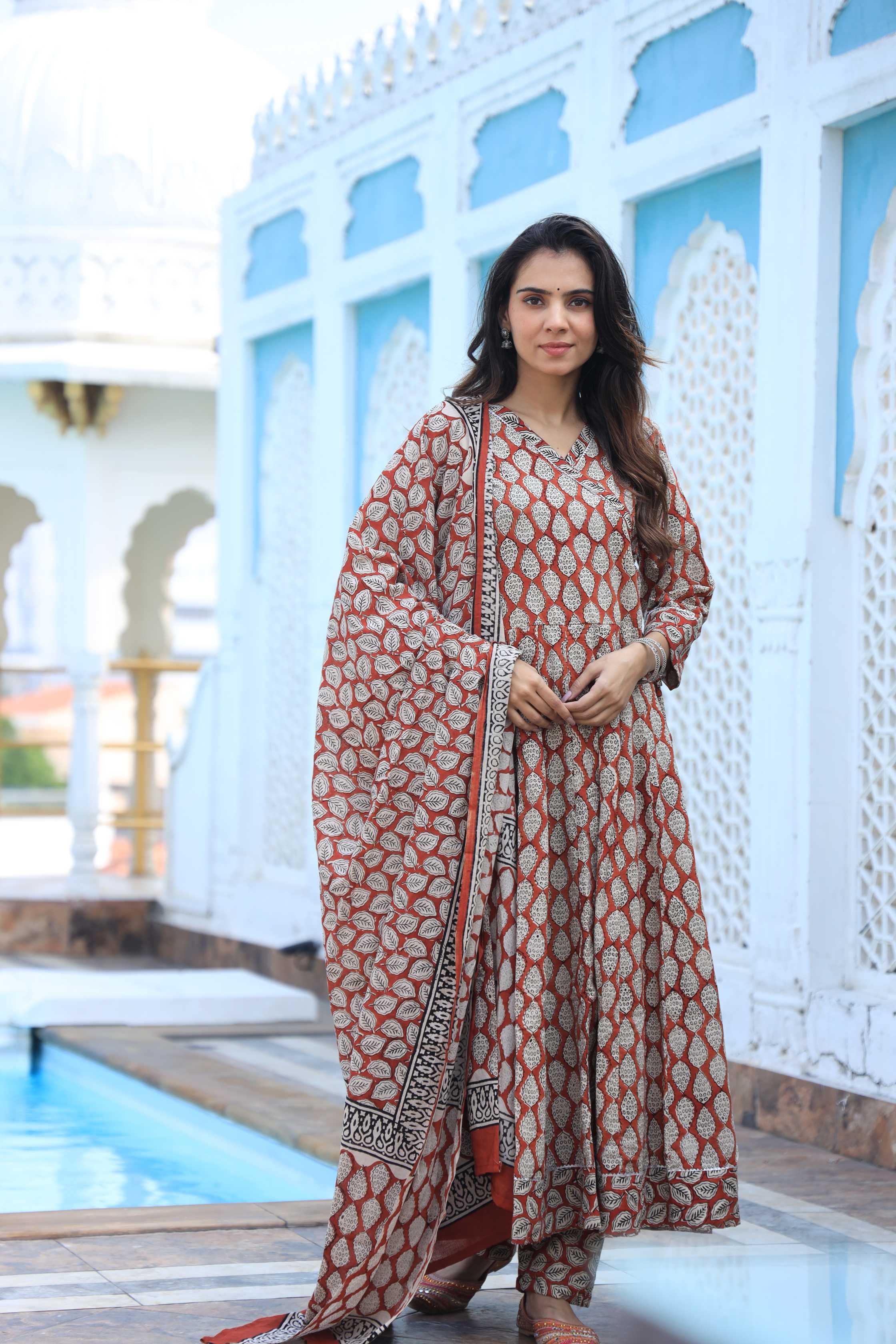 Rust & Beige Leaf Print Cotton Angrakha Style Anarkali Suit