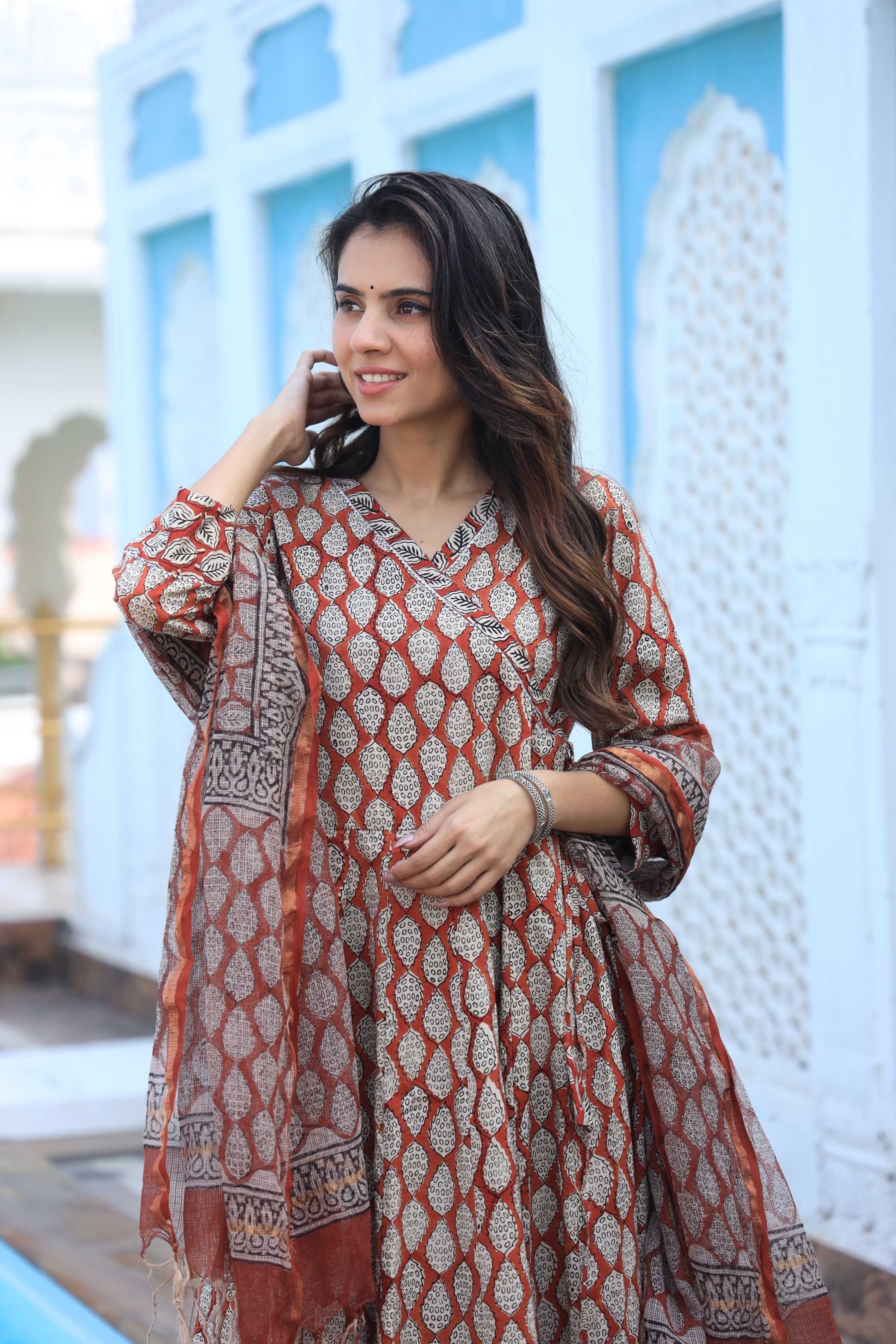 Rust & Beige Leaf Print Cotton Angrakha Style Anarkali Suit