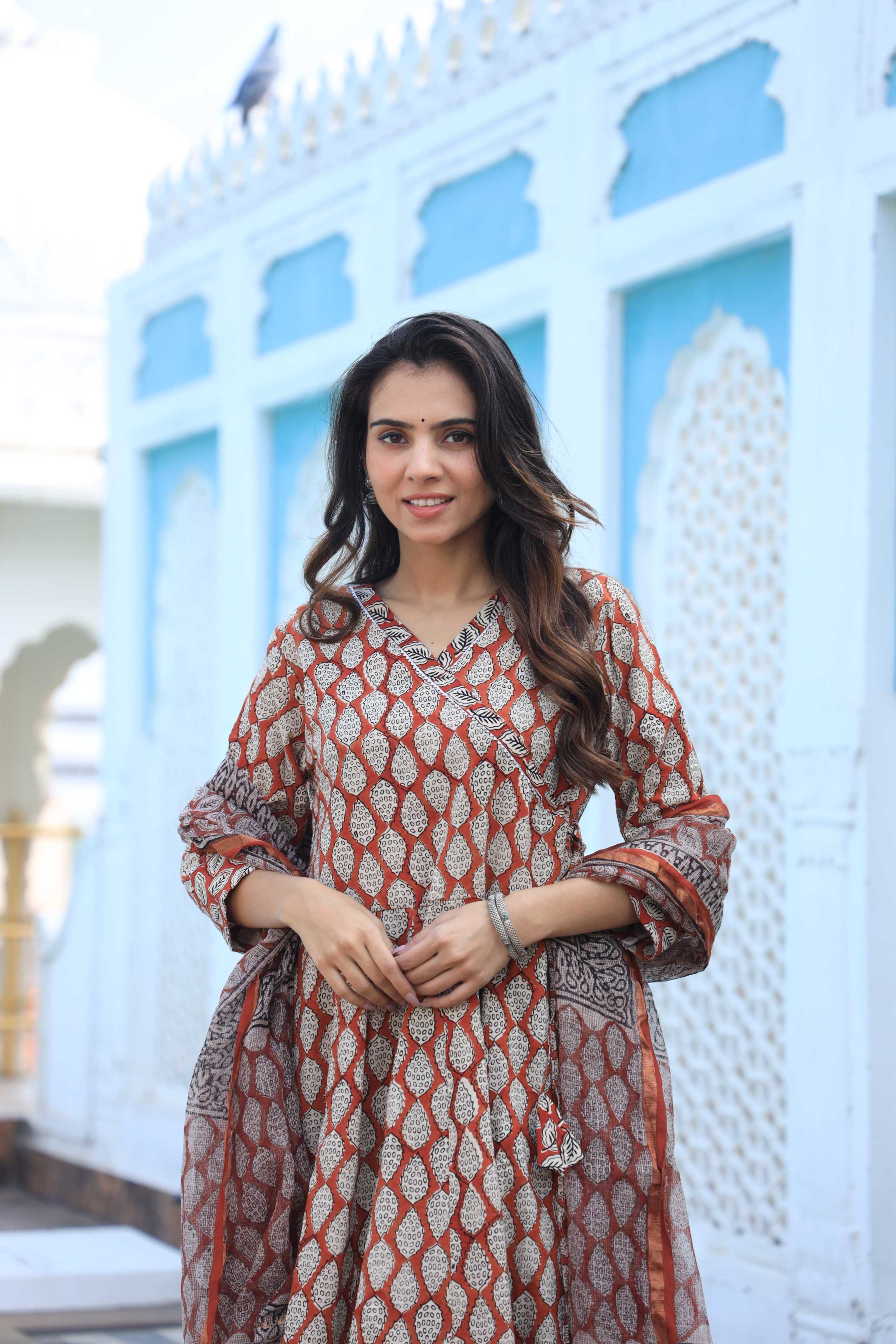 Rust & Beige Leaf Print Cotton Angrakha Style Anarkali Suit