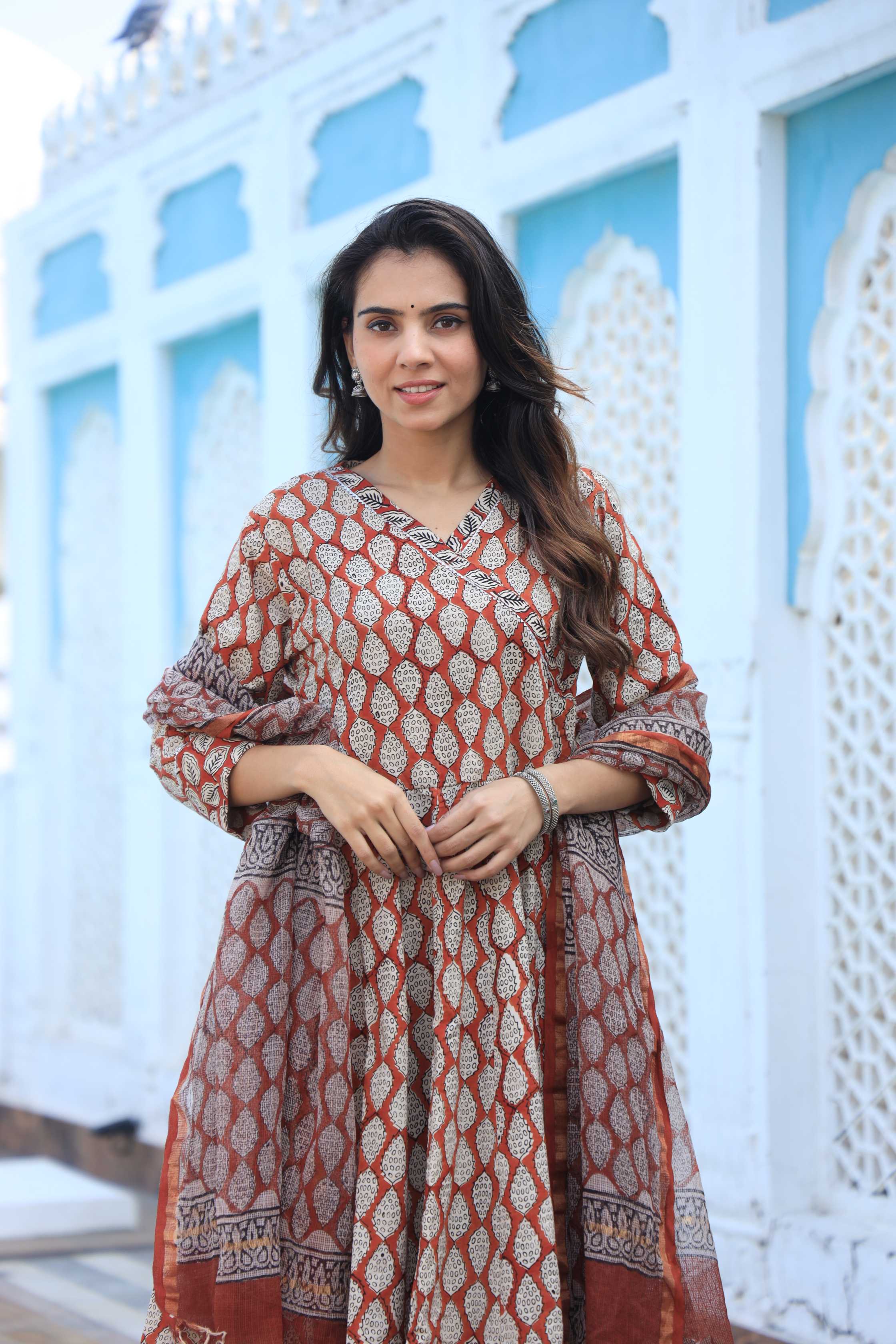 Rust & Beige Leaf Print Cotton Angrakha Style Anarkali Suit