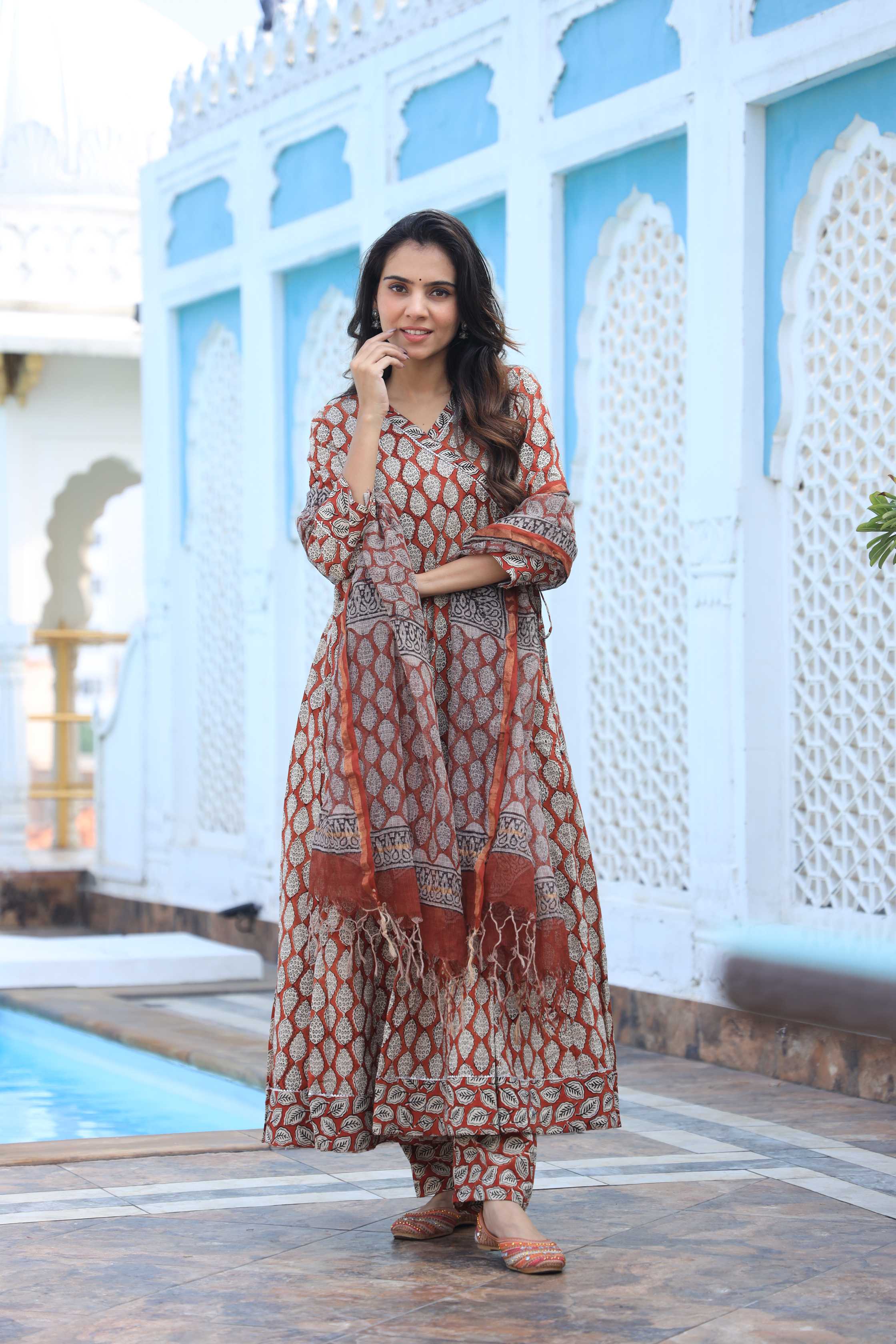 Rust & Beige Leaf Print Cotton Angrakha Style Anarkali Suit