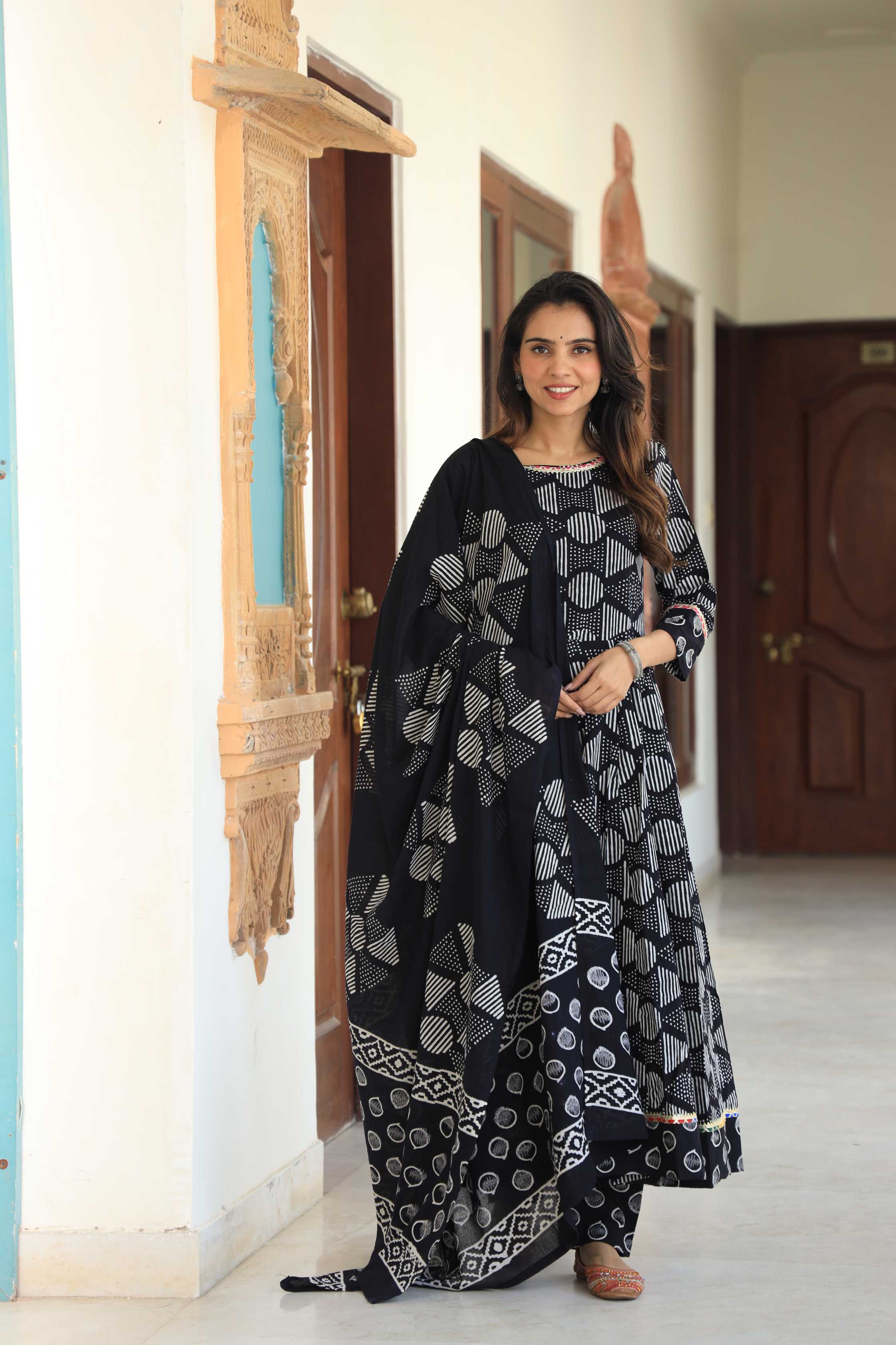 Jet Black & White Geometric Batik Print Cotton Anarkali Suit