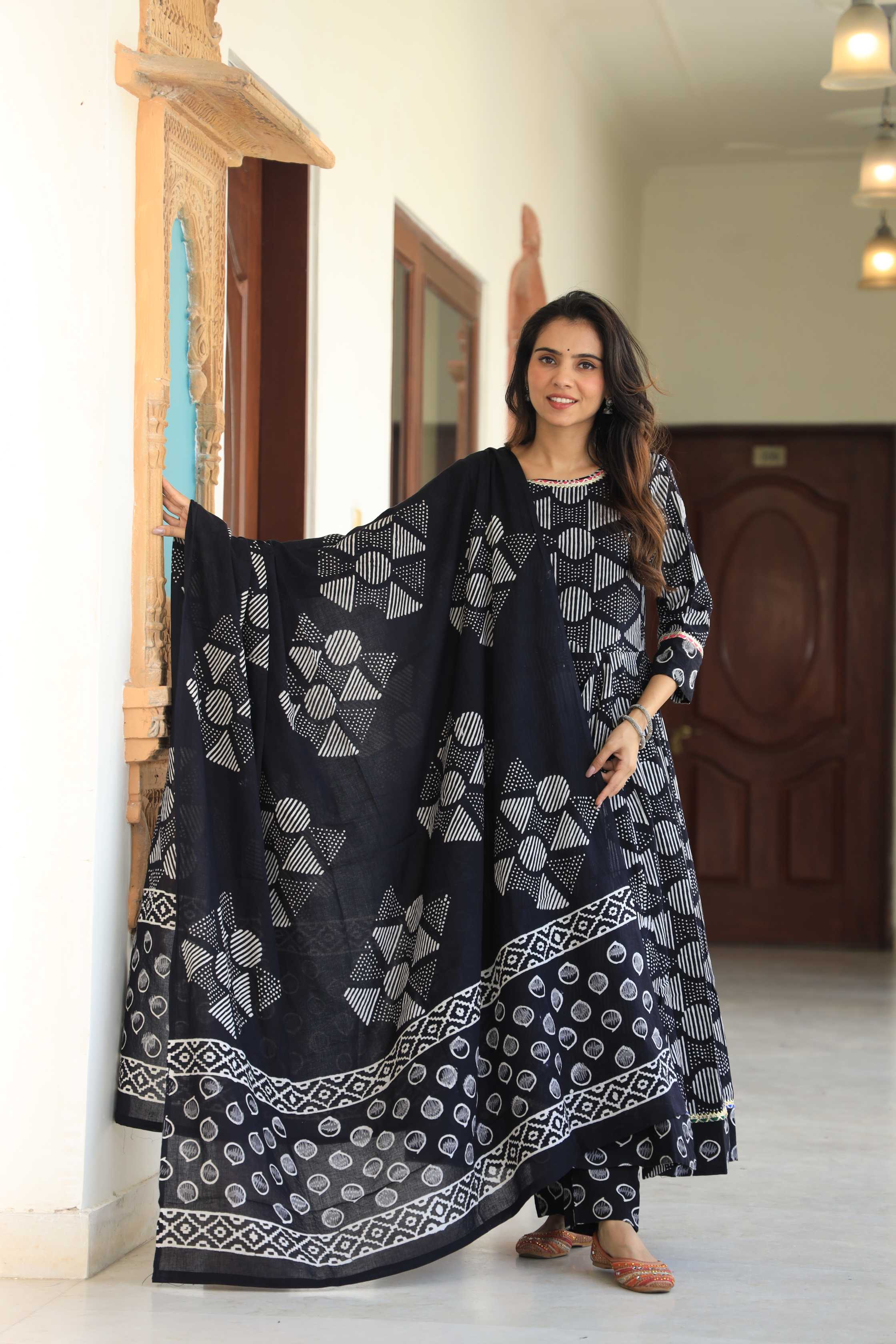 Jet Black & White Geometric Batik Print Cotton Anarkali Suit