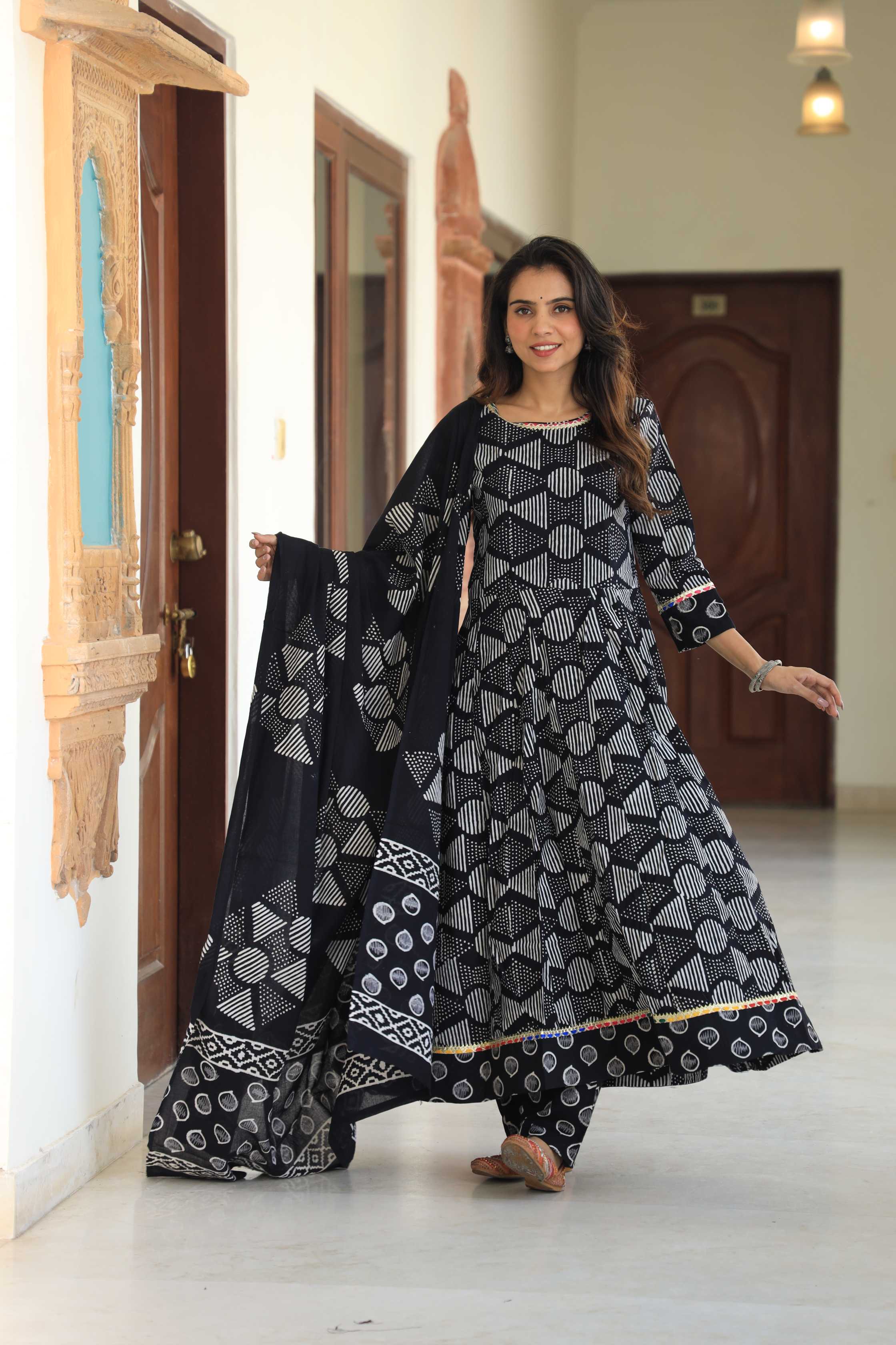 Jet Black & White Geometric Batik Print Cotton Anarkali Suit