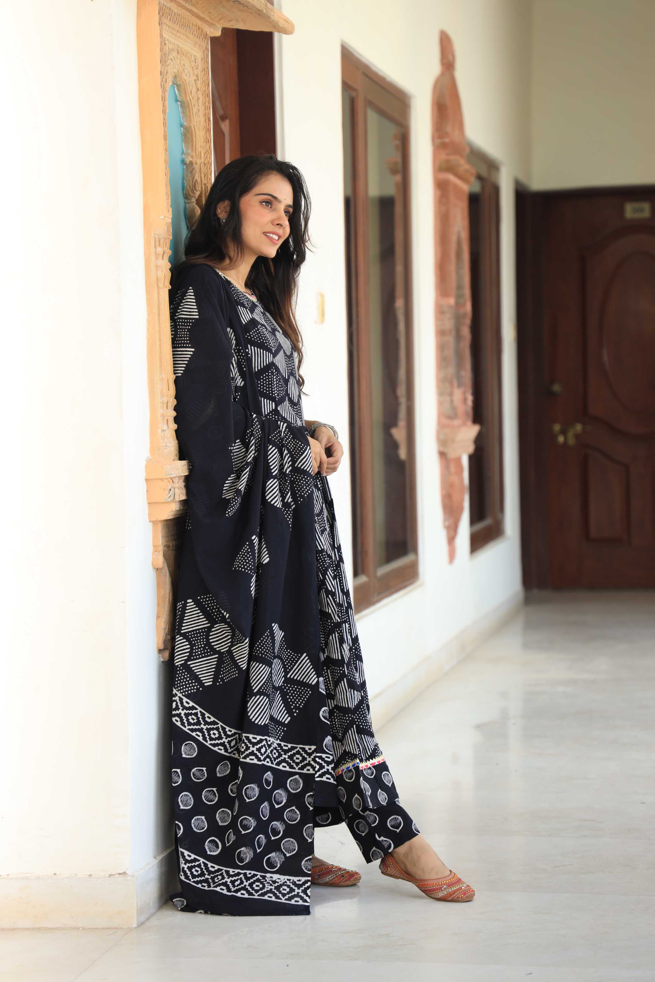 Jet Black & White Geometric Batik Print Cotton Anarkali Suit