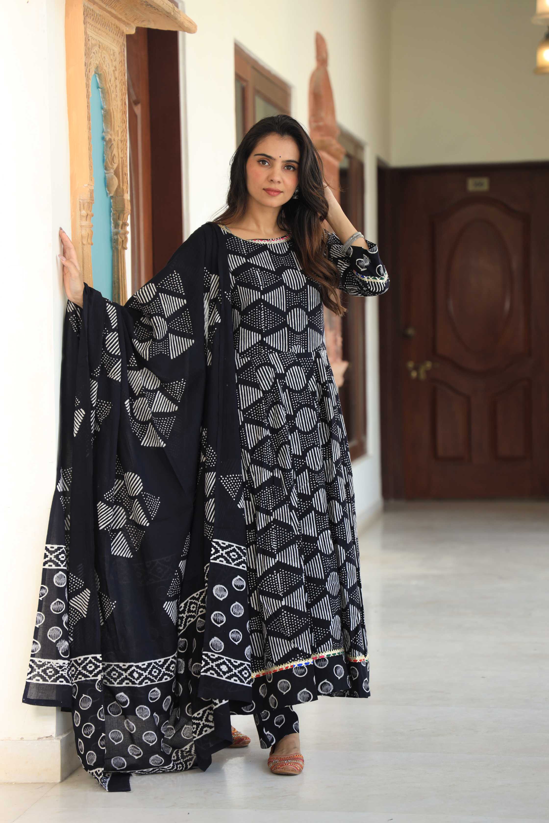 Jet Black & White Geometric Batik Print Cotton Anarkali Suit