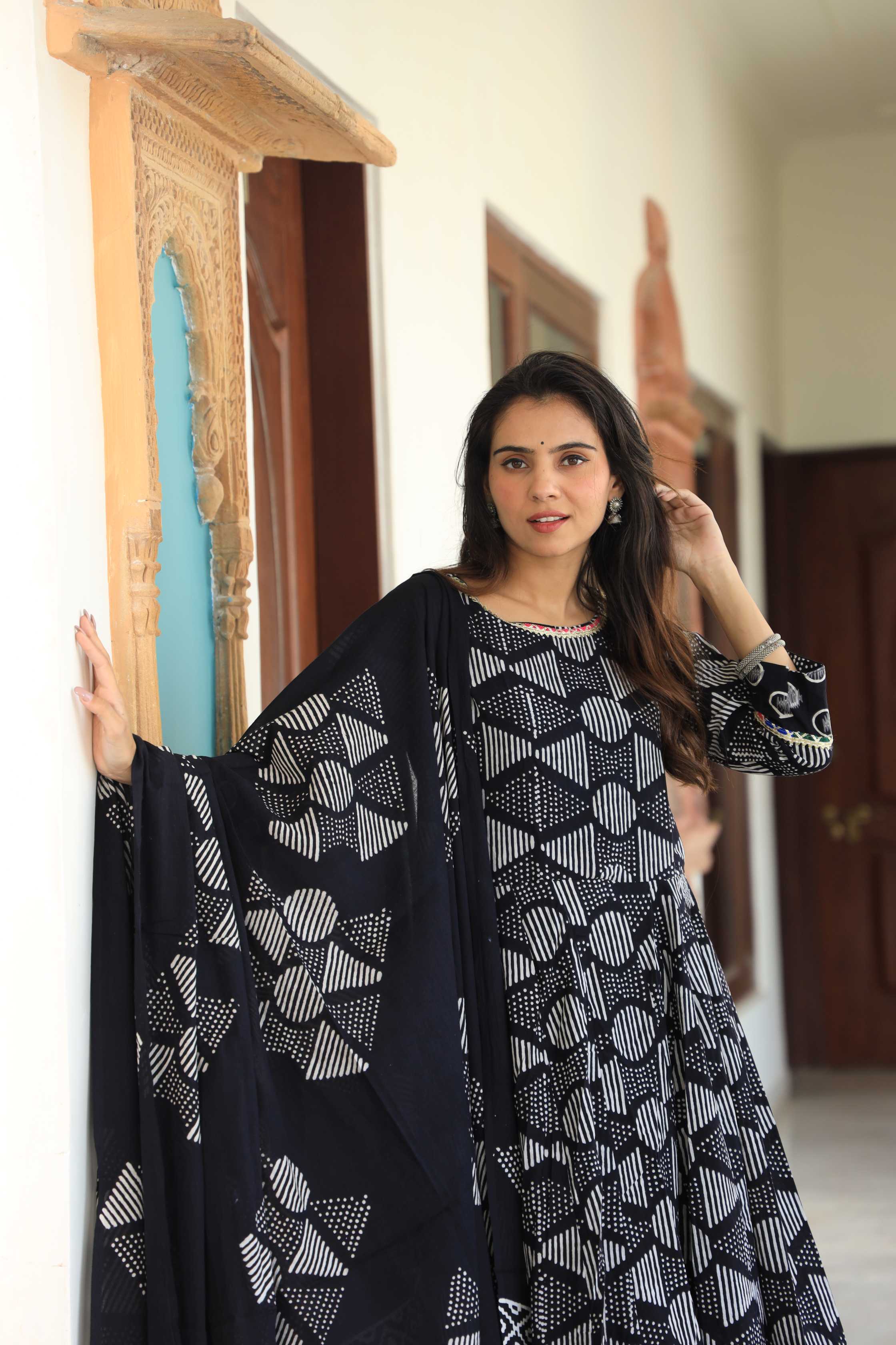 Jet Black & White Geometric Batik Print Cotton Anarkali Suit