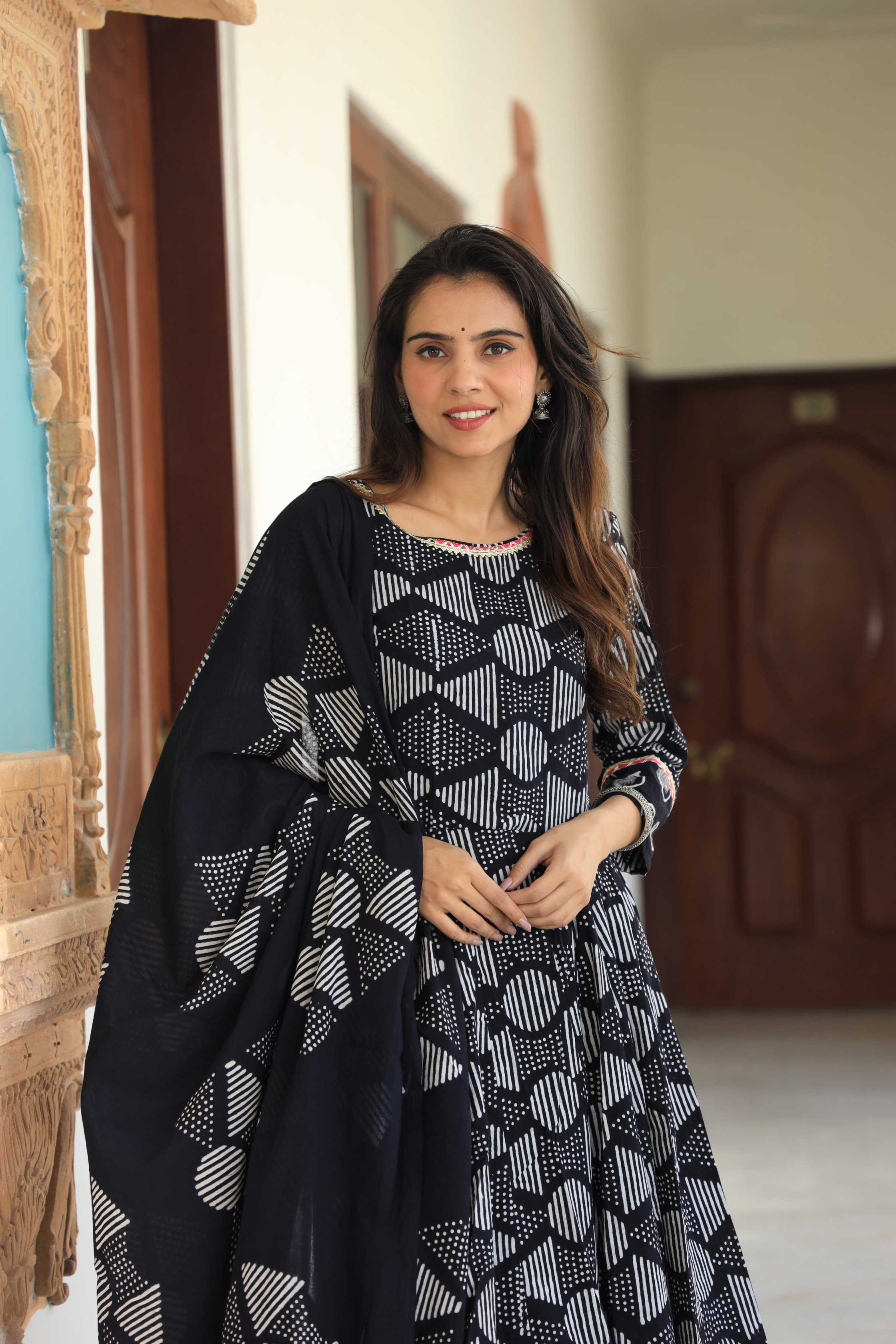 Jet Black & White Geometric Batik Print Cotton Anarkali Suit