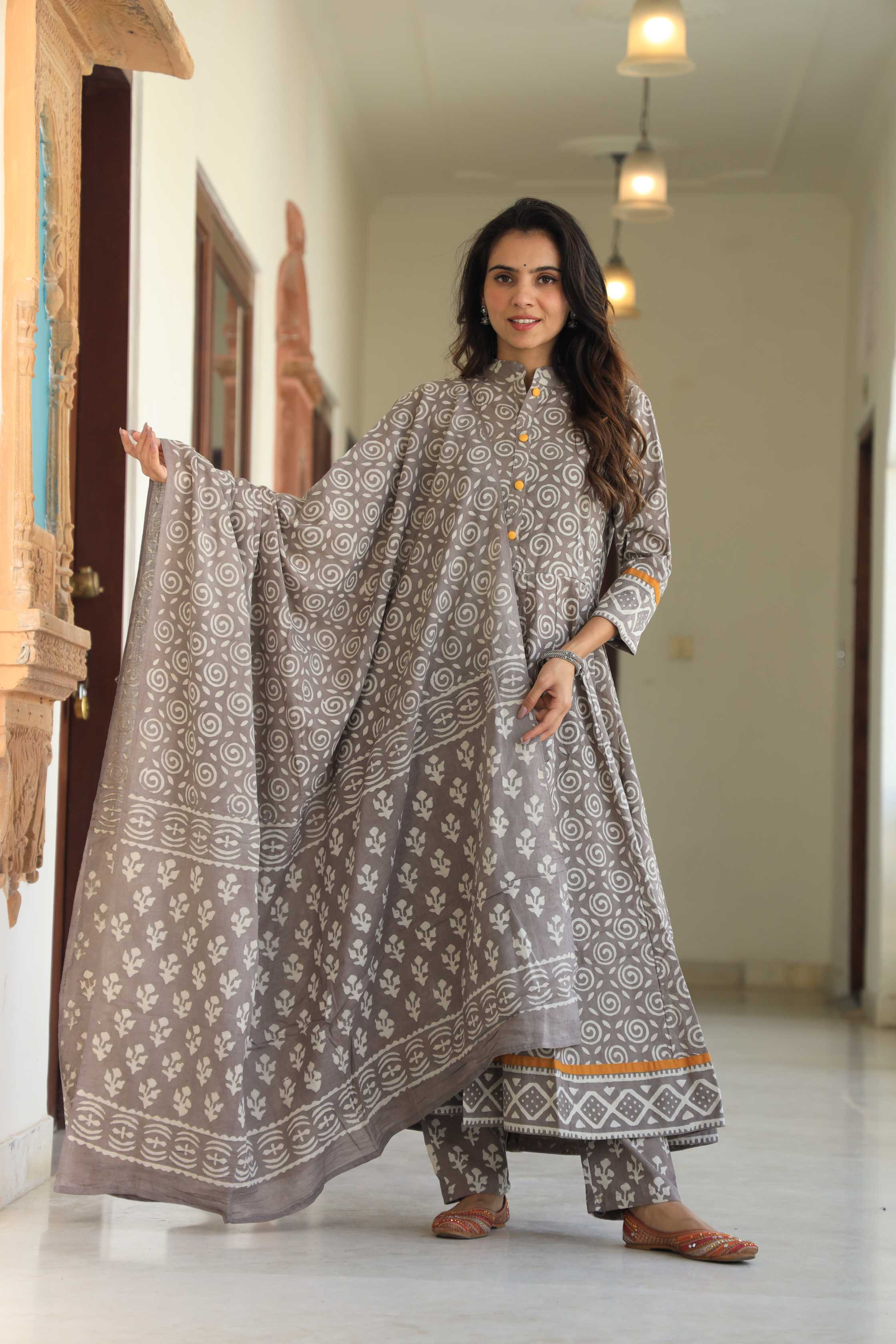 Muted Grey & White Swirl Print Cotton Mandarin Anarkali Suit