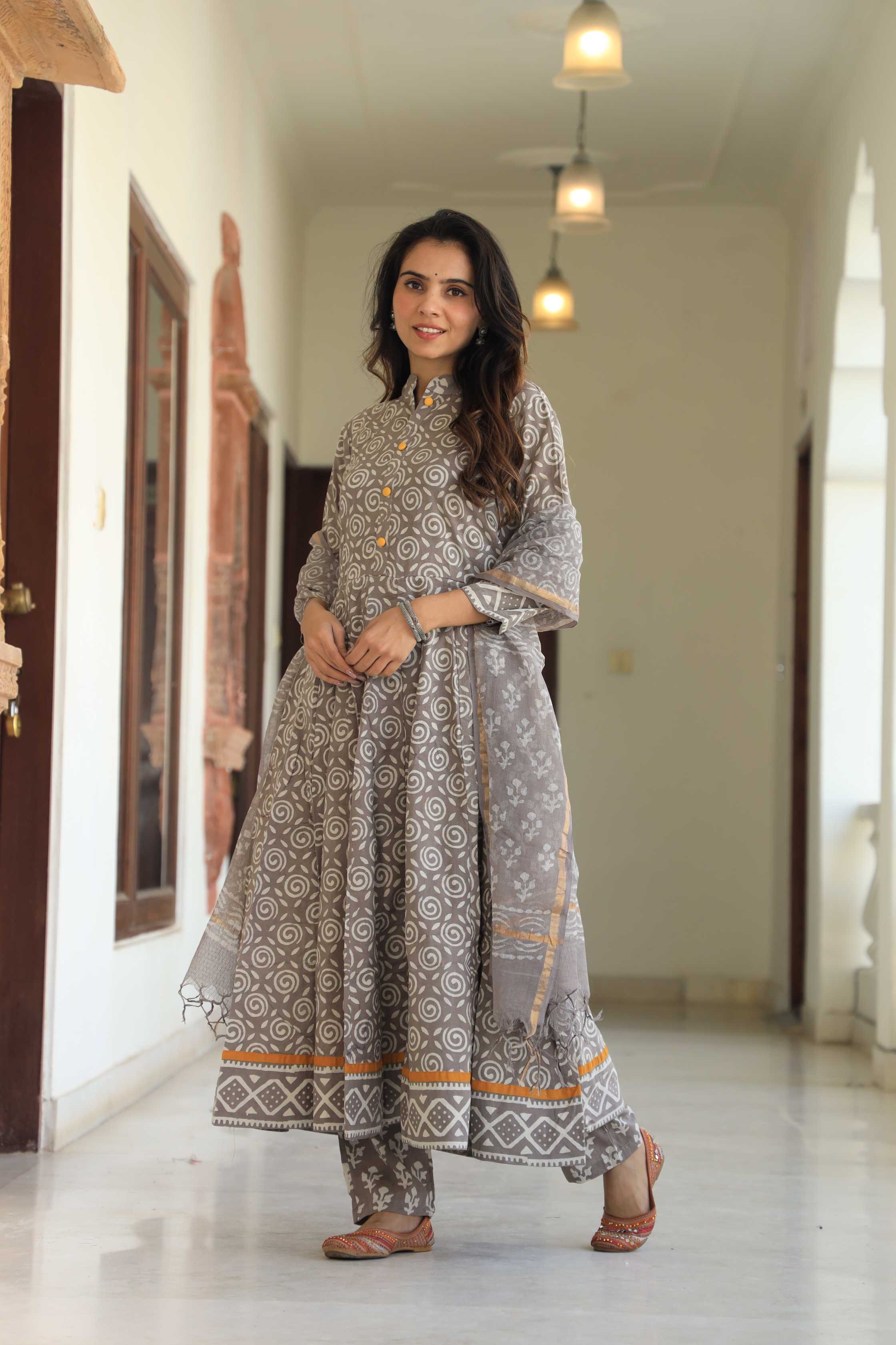 Muted Grey & White Swirl Print Cotton Mandarin Anarkali Suit