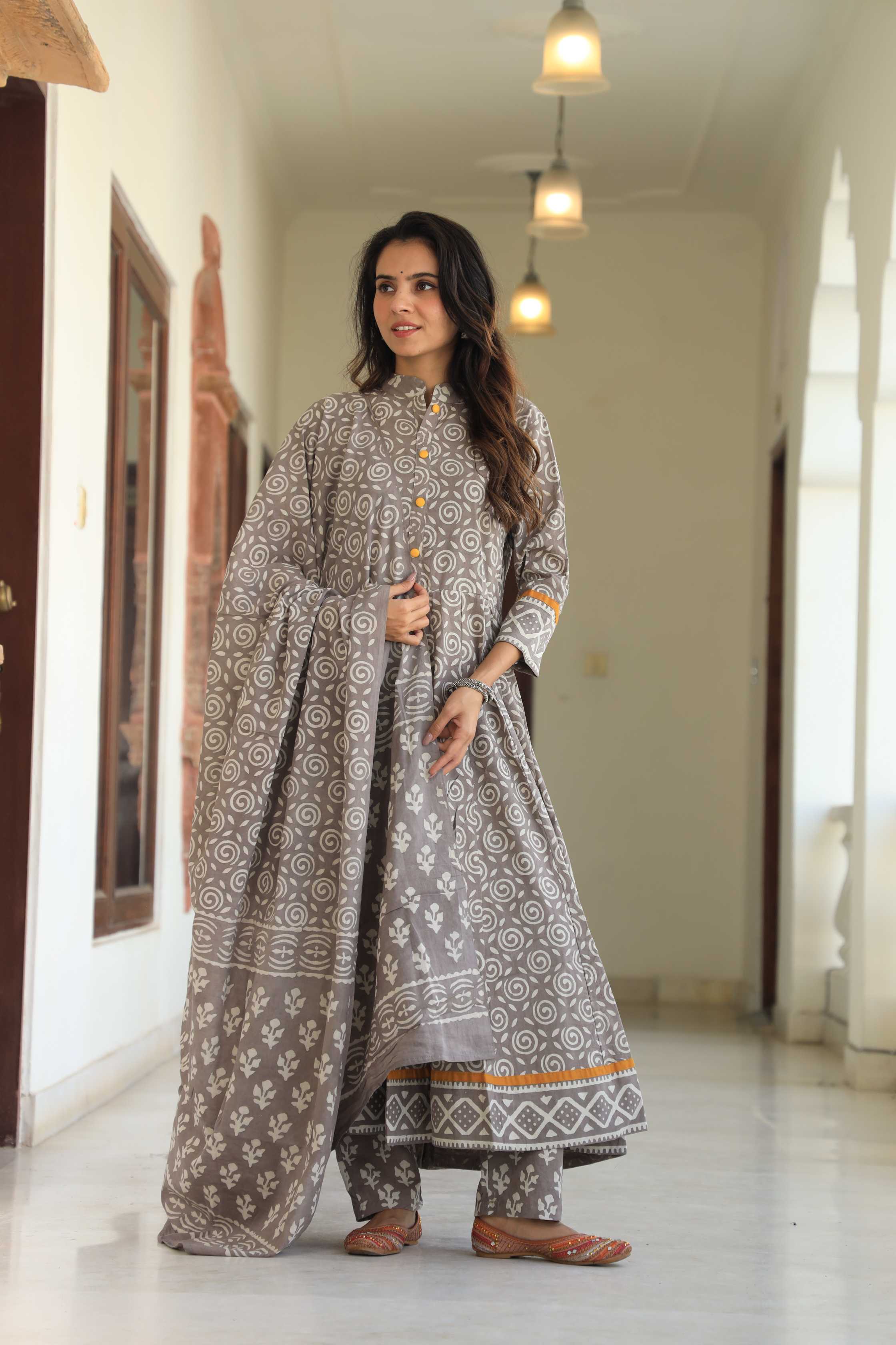Muted Grey & White Swirl Print Cotton Mandarin Anarkali Suit