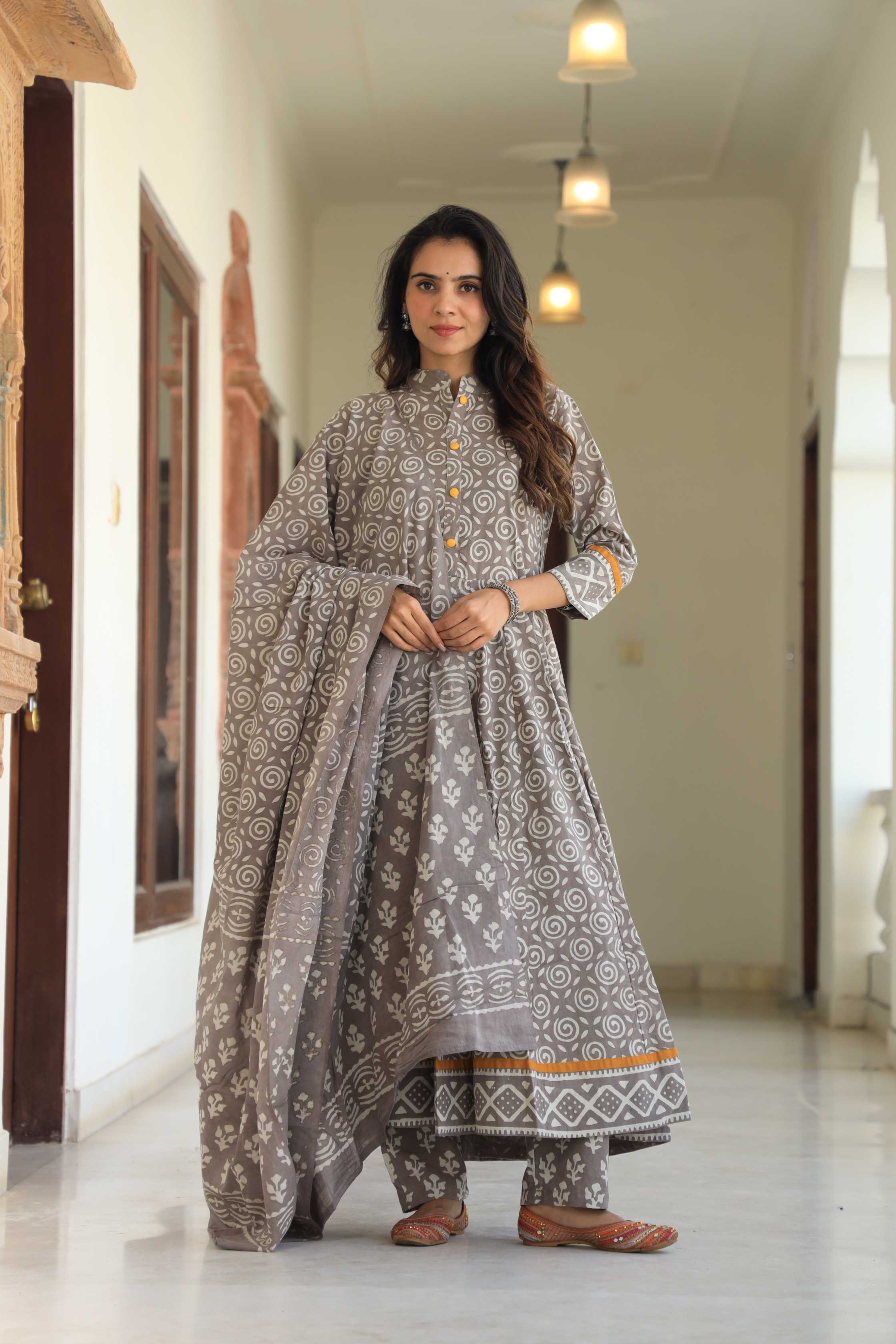 Muted Grey & White Swirl Print Cotton Mandarin Anarkali Suit