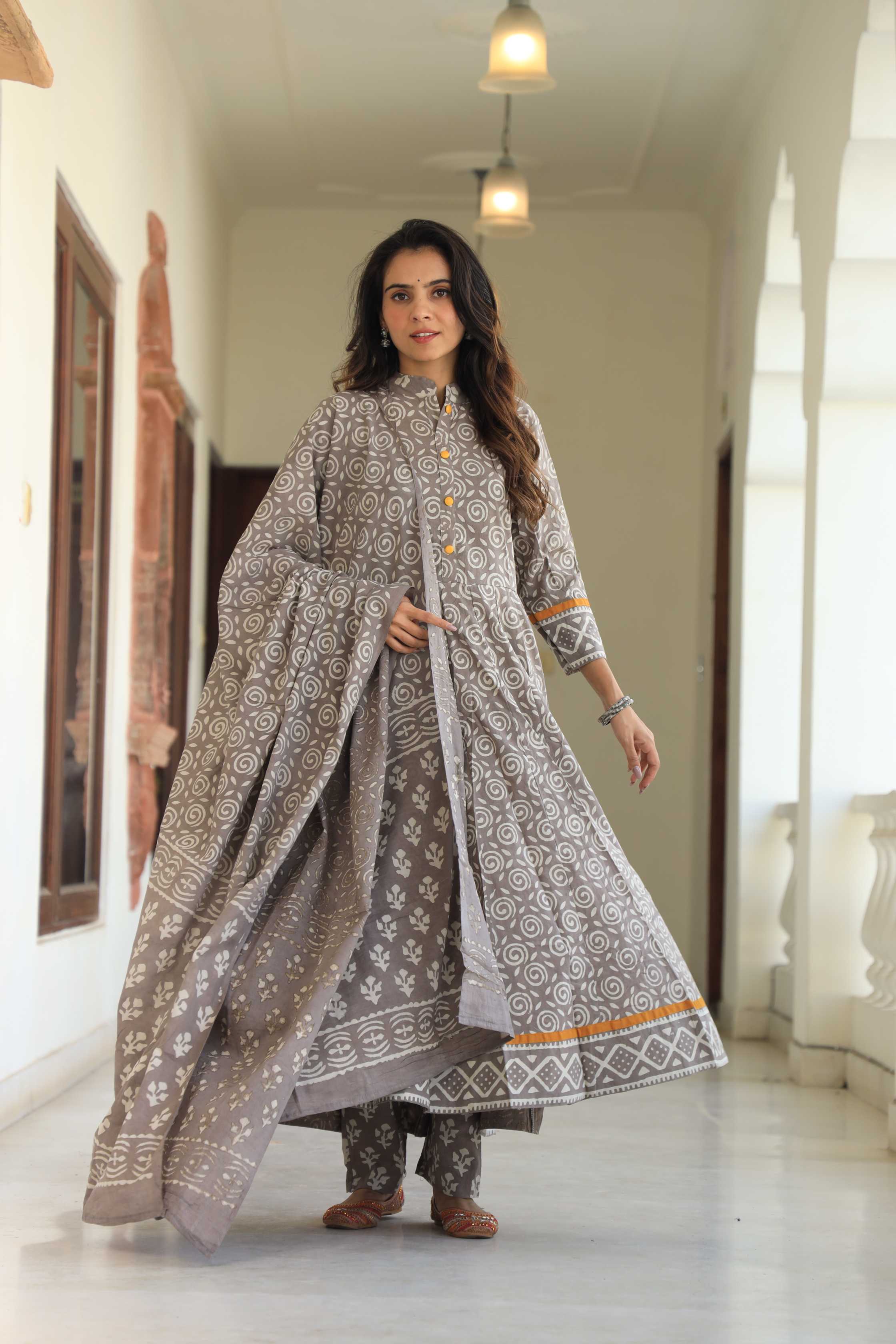 Muted Grey & White Swirl Print Cotton Mandarin Anarkali Suit