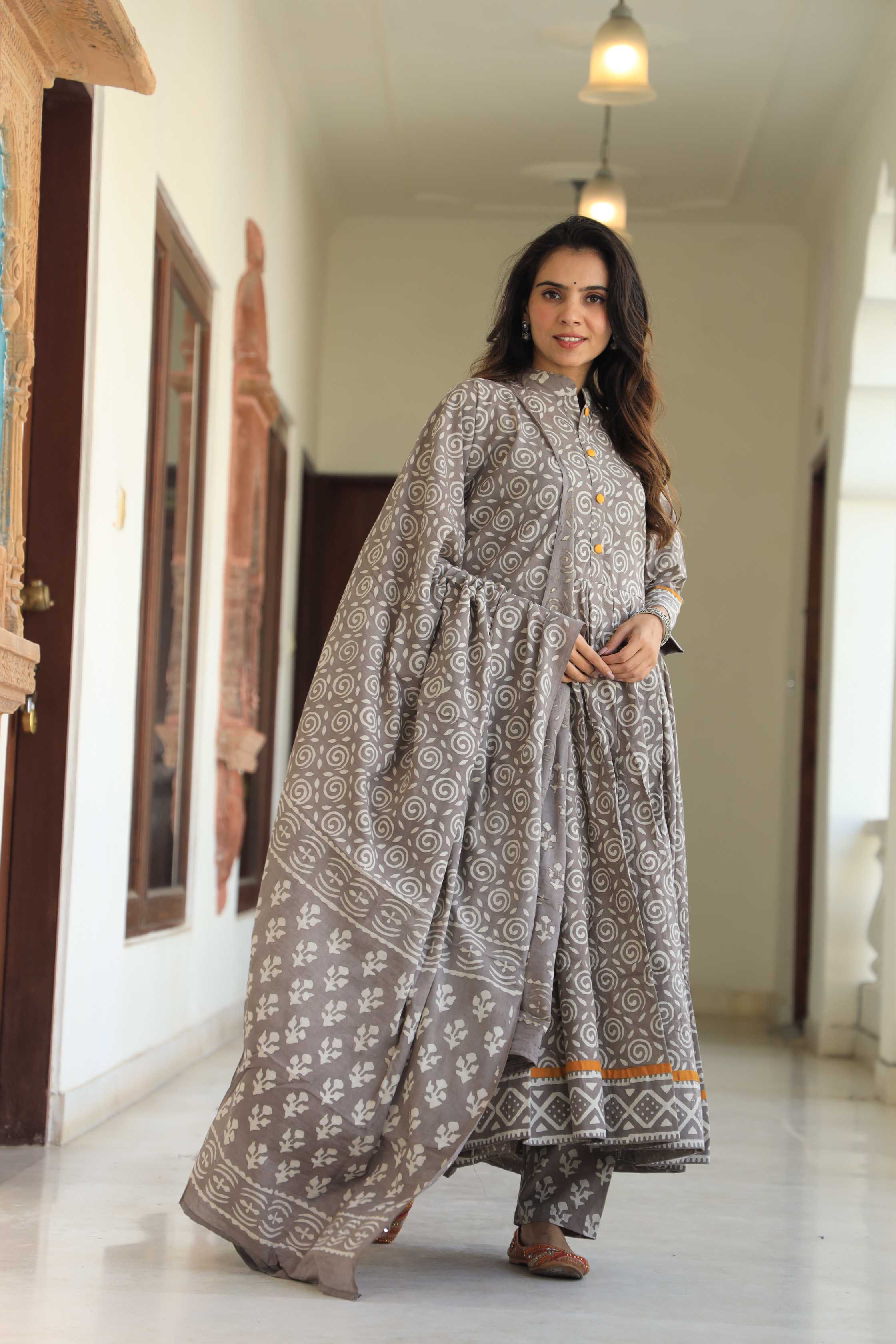 Muted Grey & White Swirl Print Cotton Mandarin Anarkali Suit