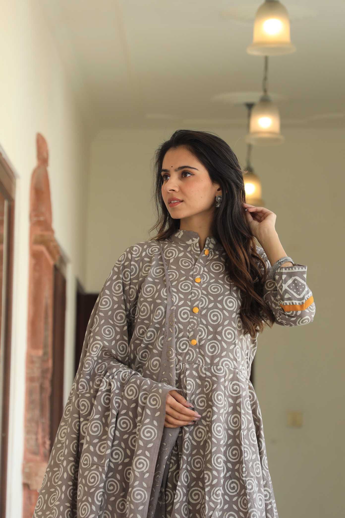 Muted Grey & White Swirl Print Cotton Mandarin Anarkali Suit