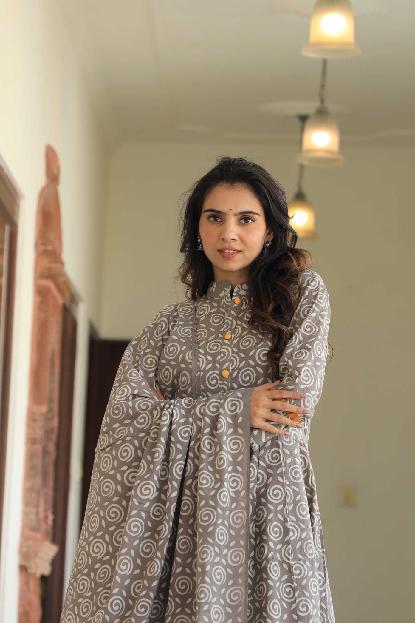 Muted Grey & White Swirl Print Cotton Mandarin Anarkali Suit