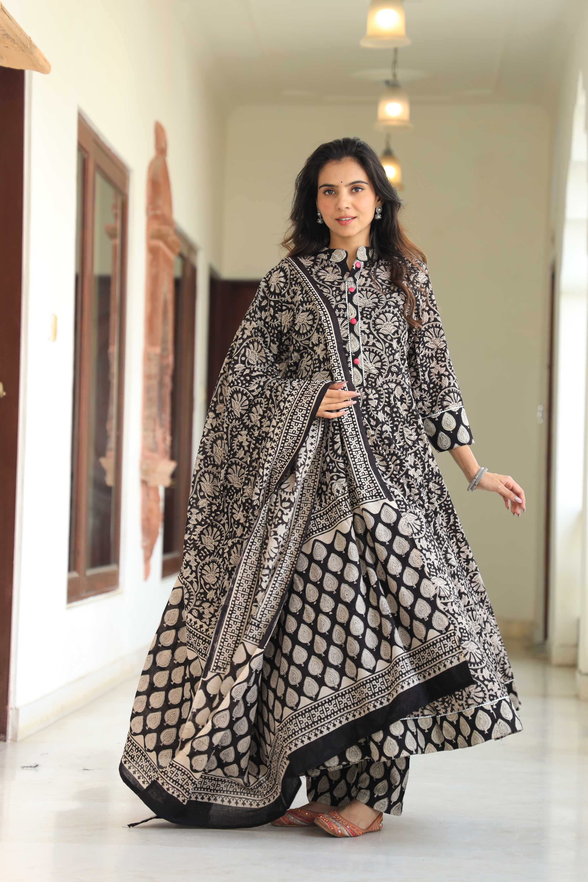 Jet Black & Cream Floral Kalamkari Print Cotton Anarkali Suit