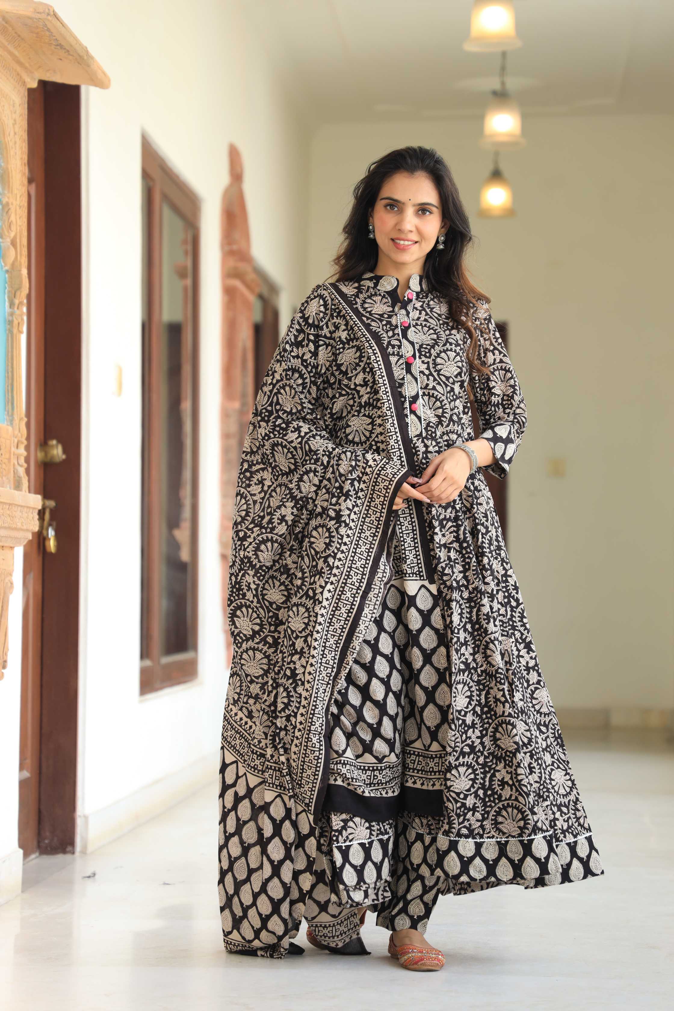 Jet Black & Cream Floral Kalamkari Print Cotton Anarkali Suit