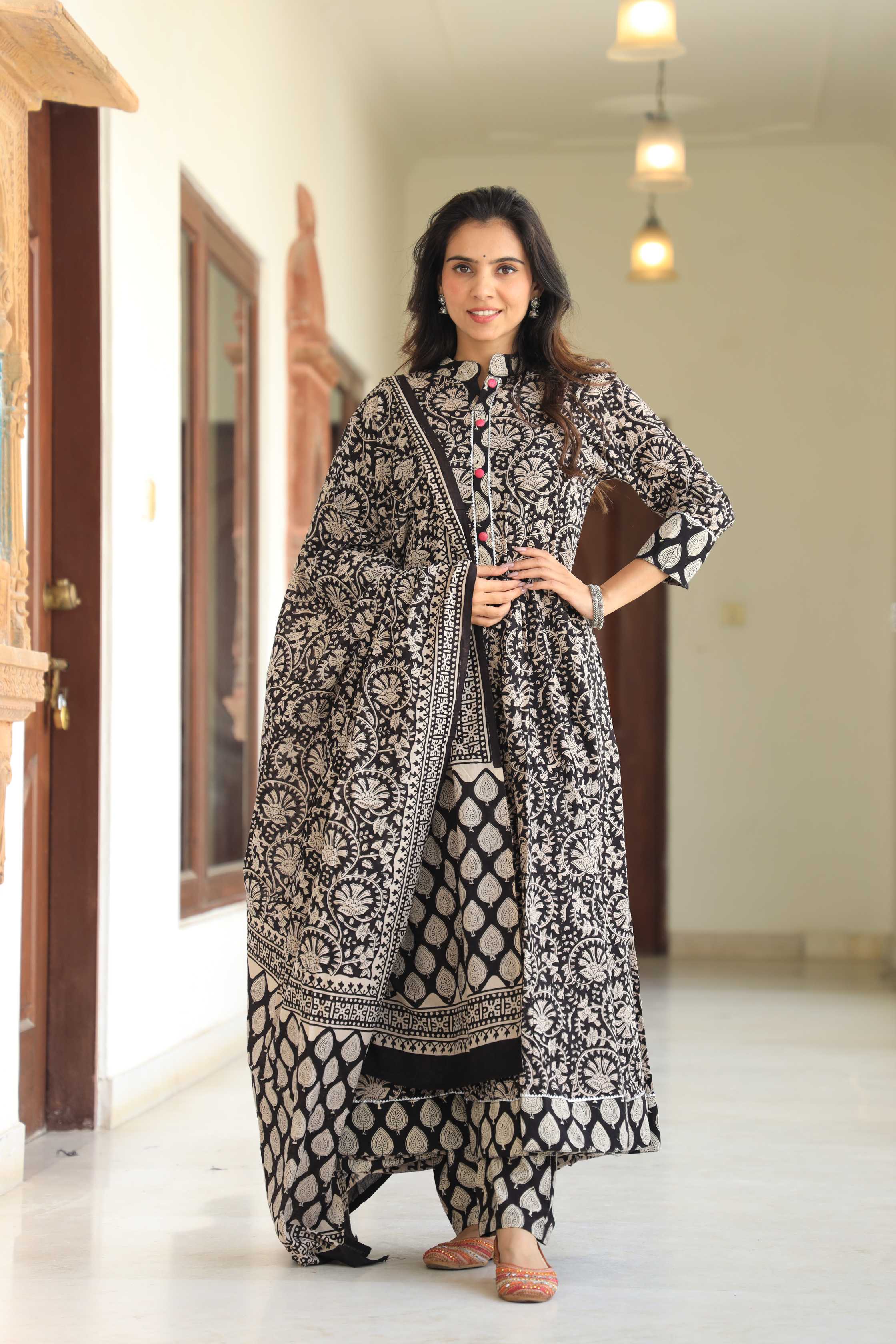 Jet Black & Cream Floral Kalamkari Print Cotton Anarkali Suit